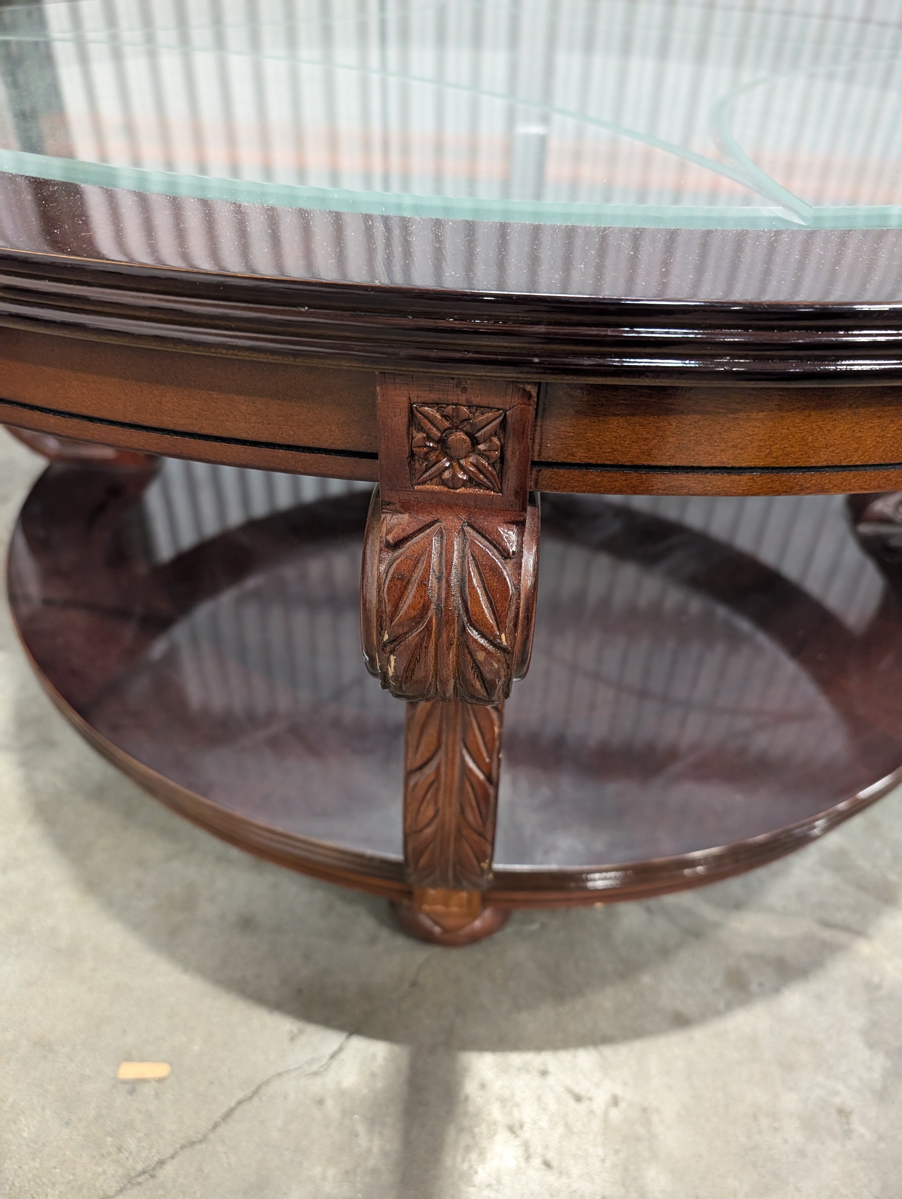 Circular Dark Wood Coffee Table with Glass Inlay