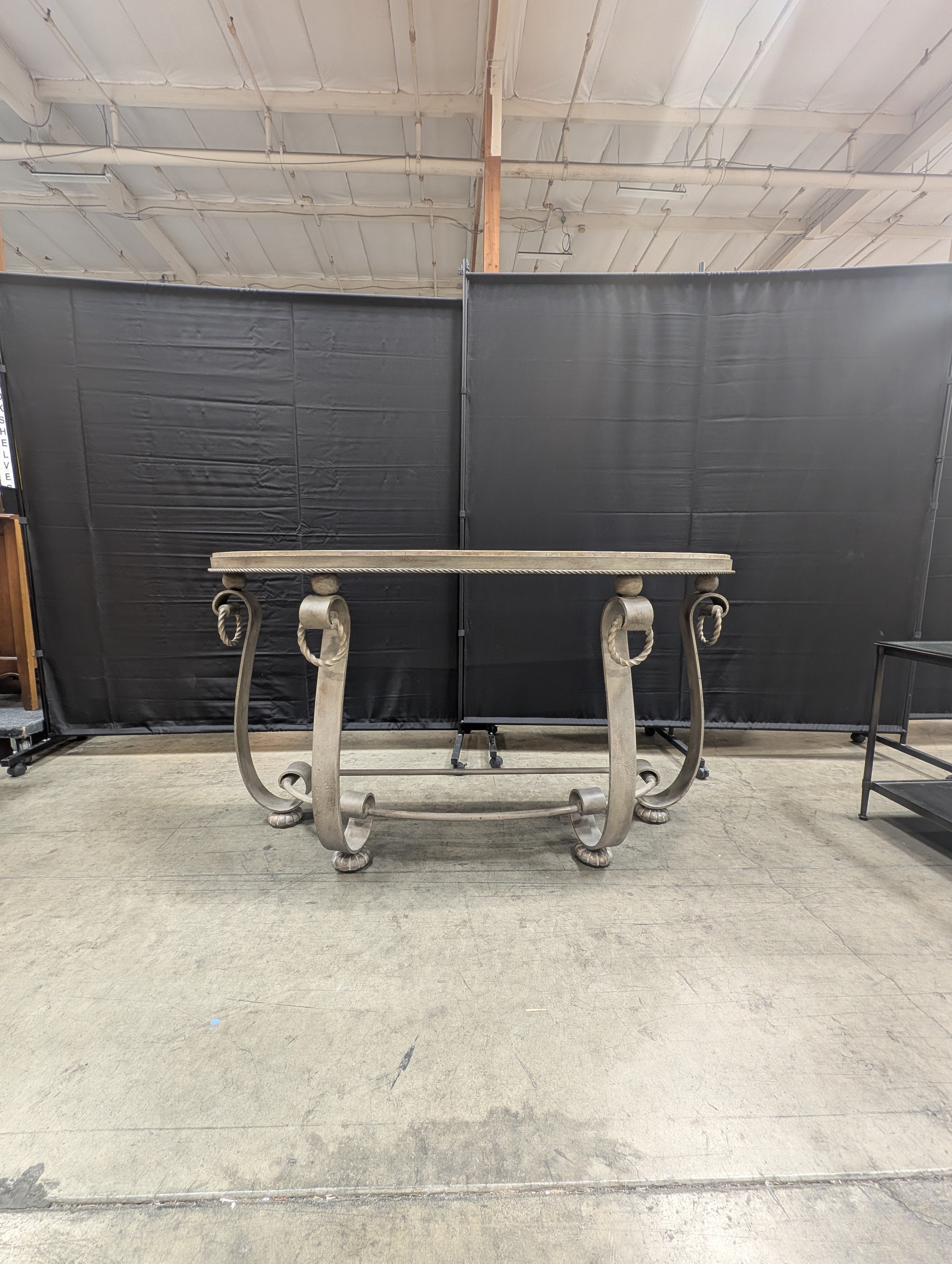 Demilune Console Table with Faux Stone Top and Scrollwork Metal Base