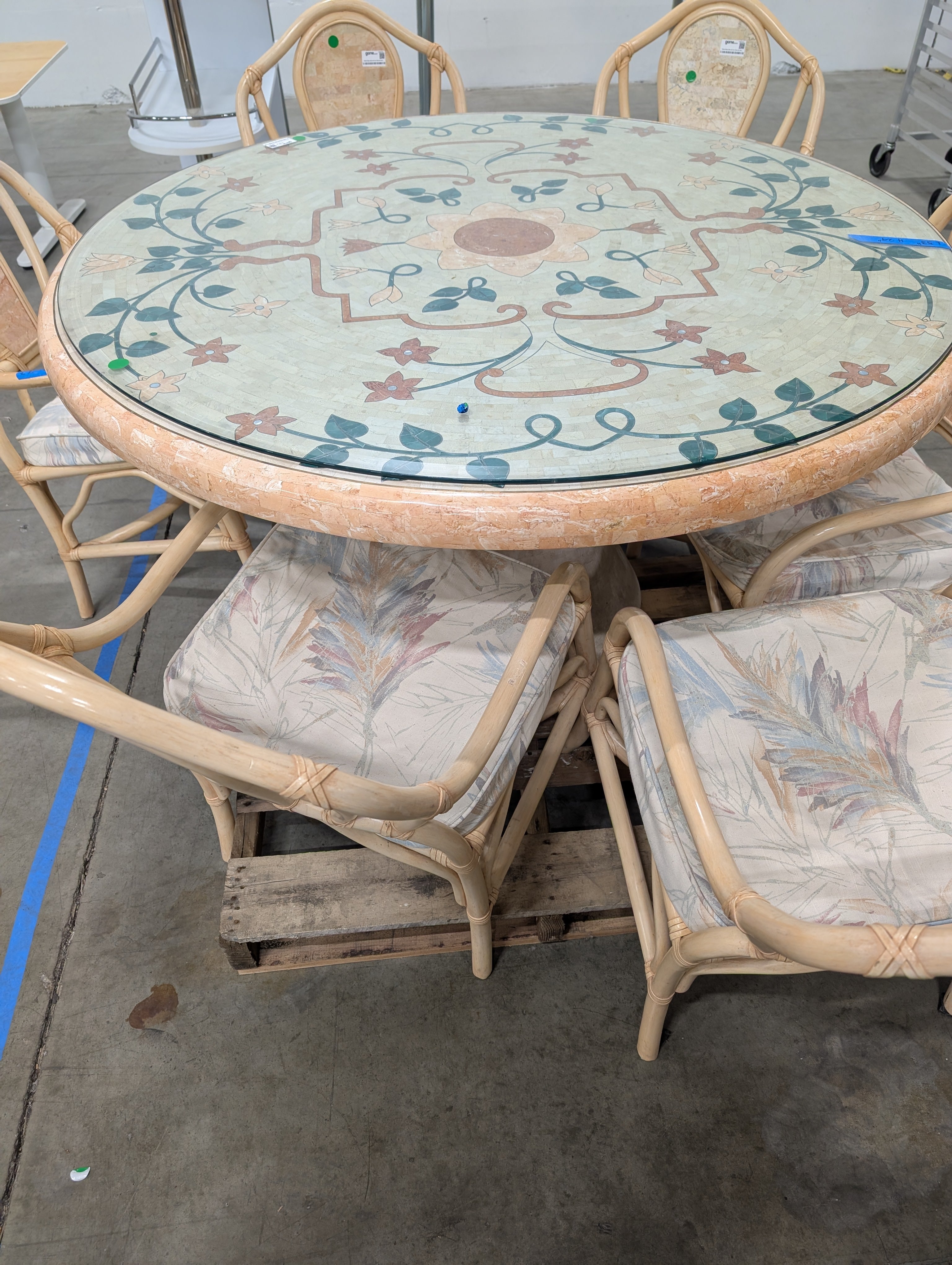 Rattan faux stone table and Set of Six Chairs