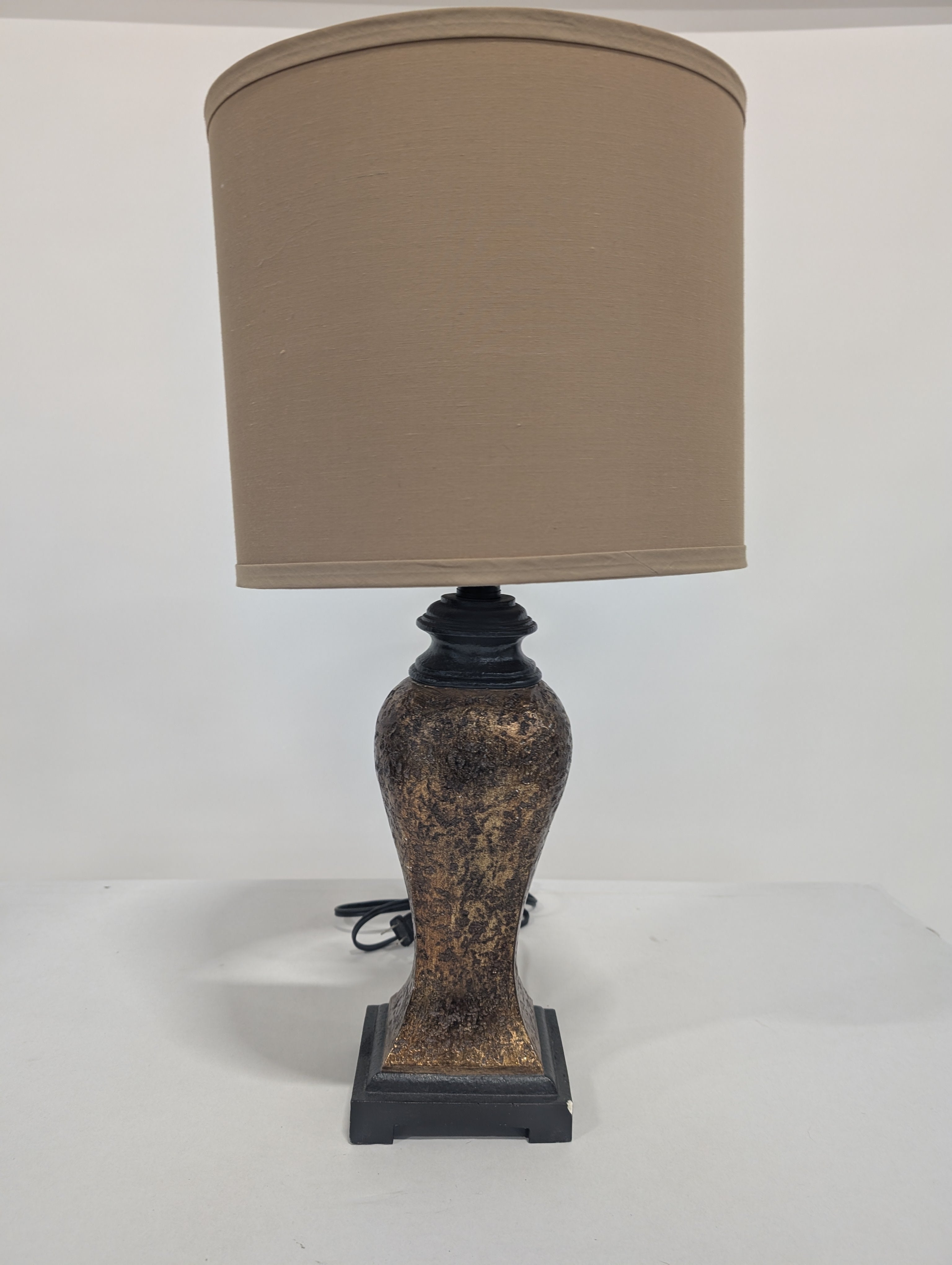 Decorative Gold Tone Table Lamps with Tan Fabric Drum Shade