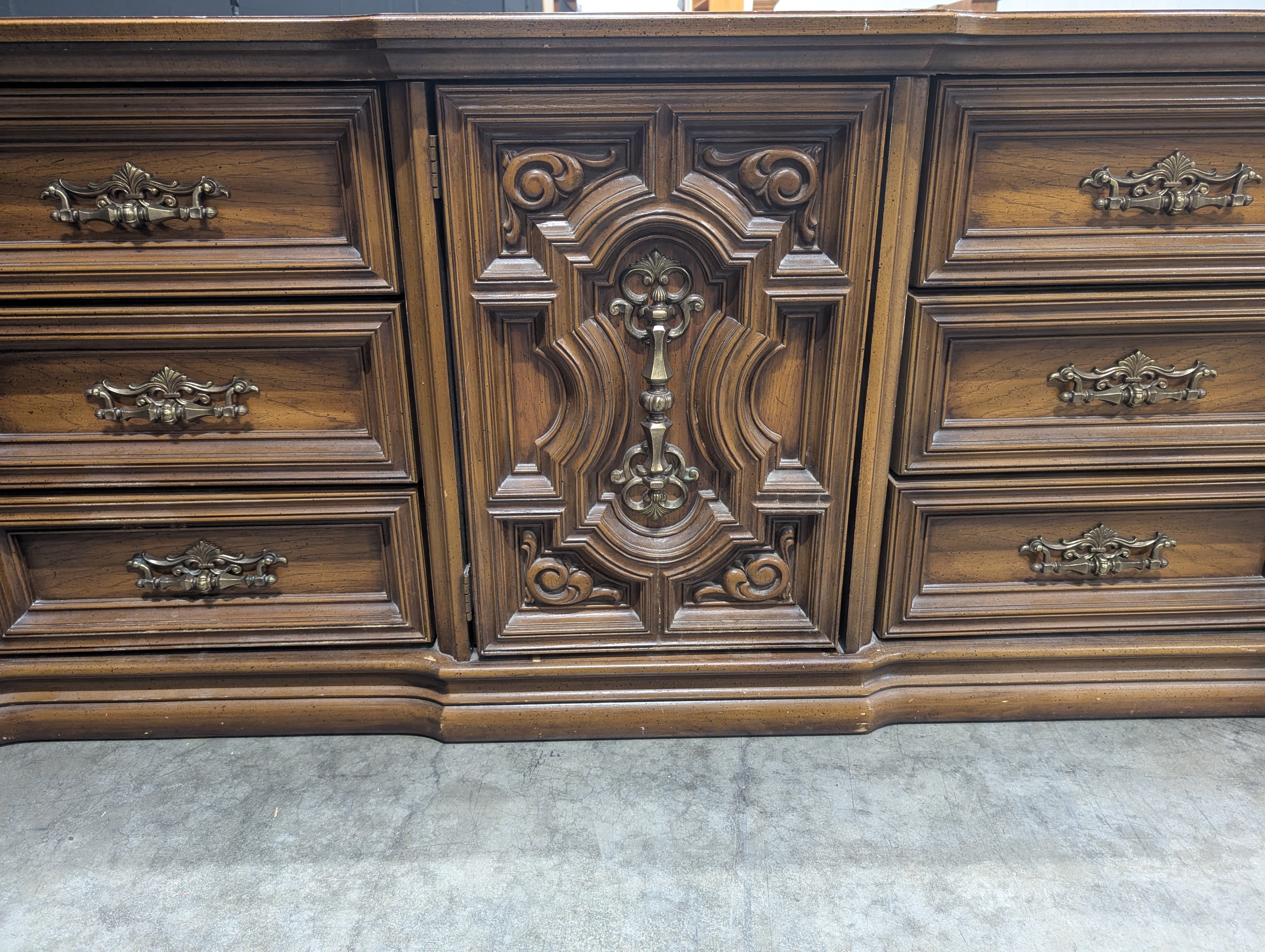 Ornate Traditional Dark Wood Dresser with Nine Drawers and Two Carved Mirrors