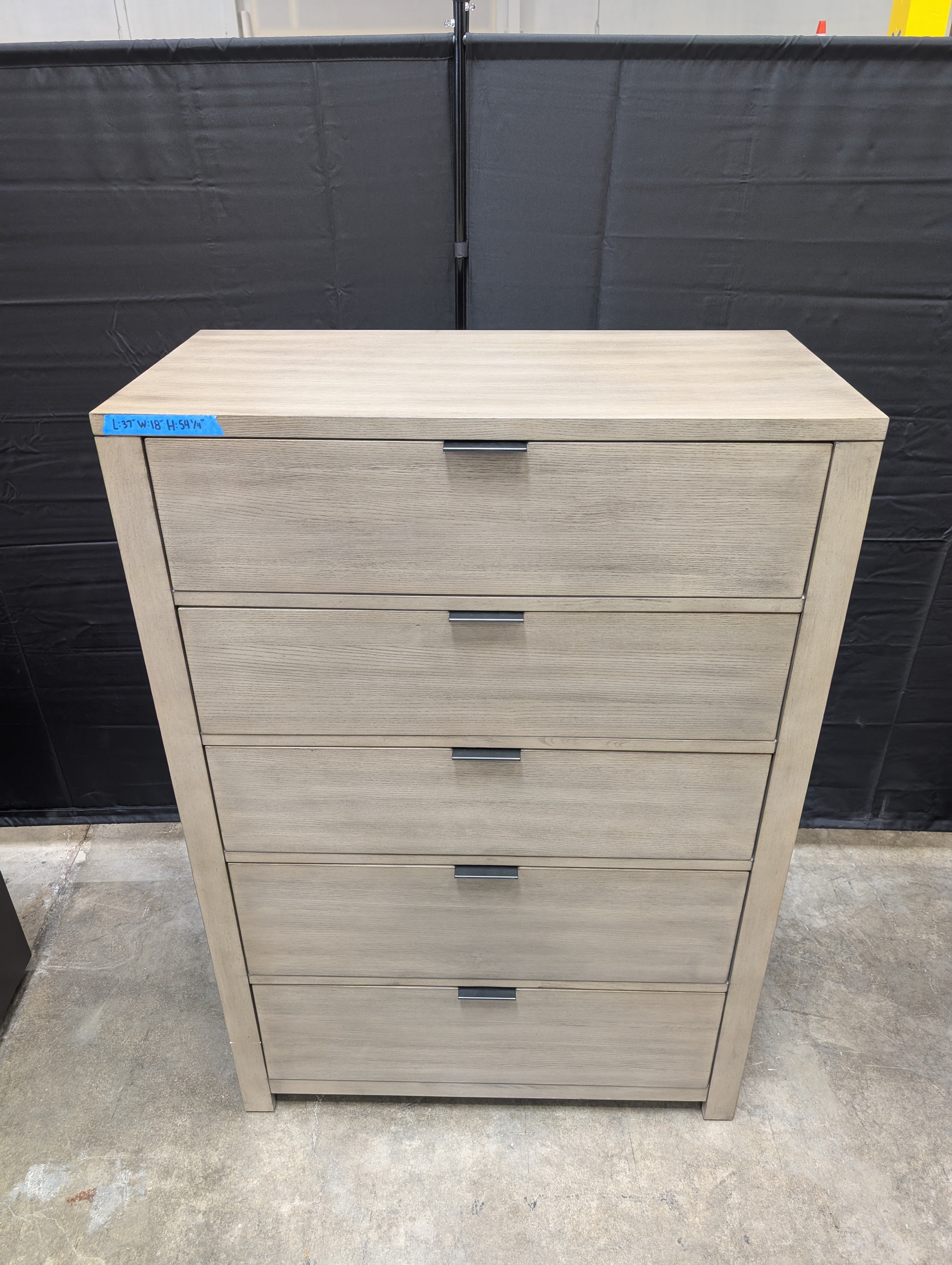 Grey Wood Five-Drawer Dresser with Metal Pulls