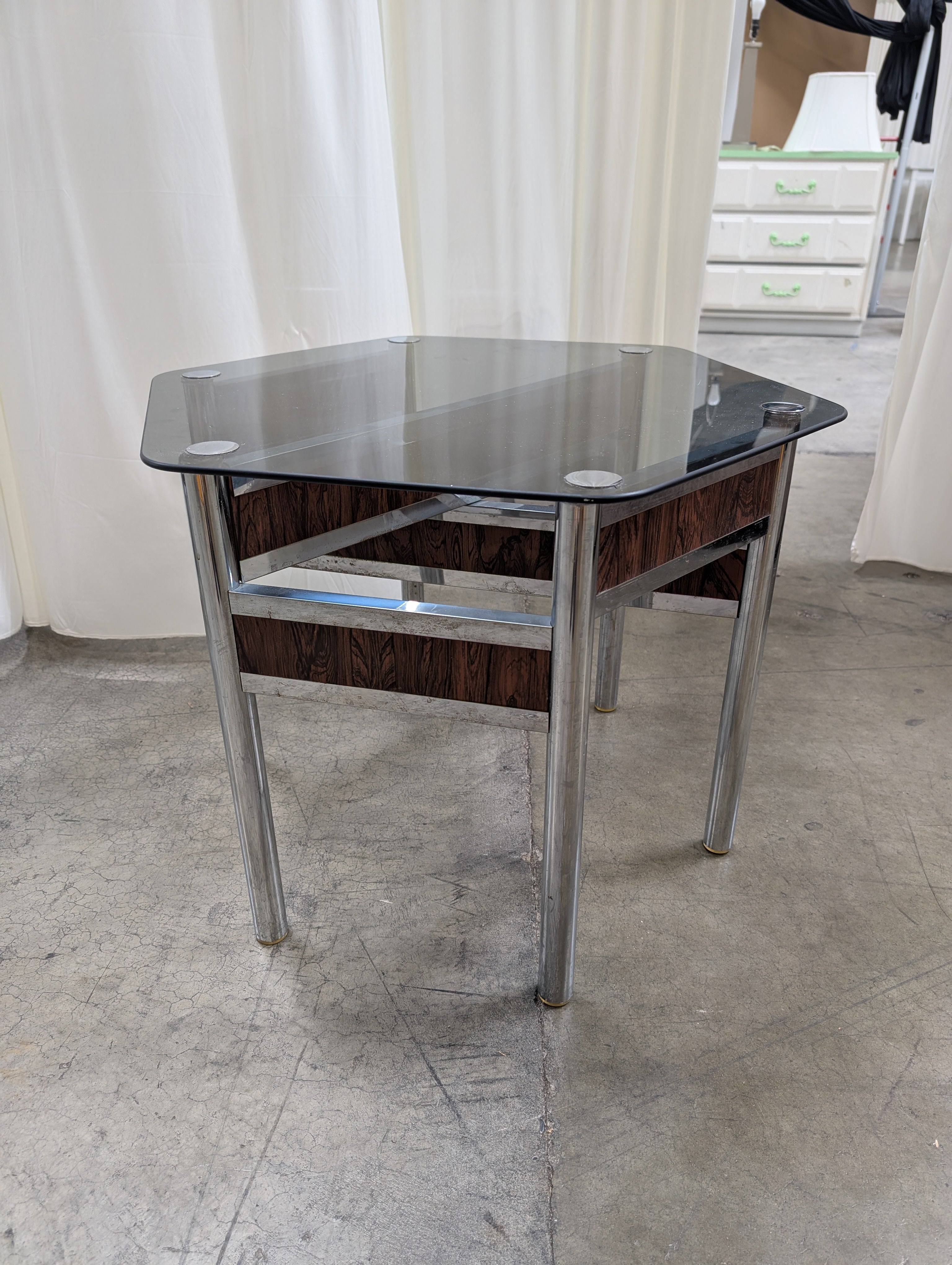 Hexagonal Smoked Glass End Table with Chrome Frame