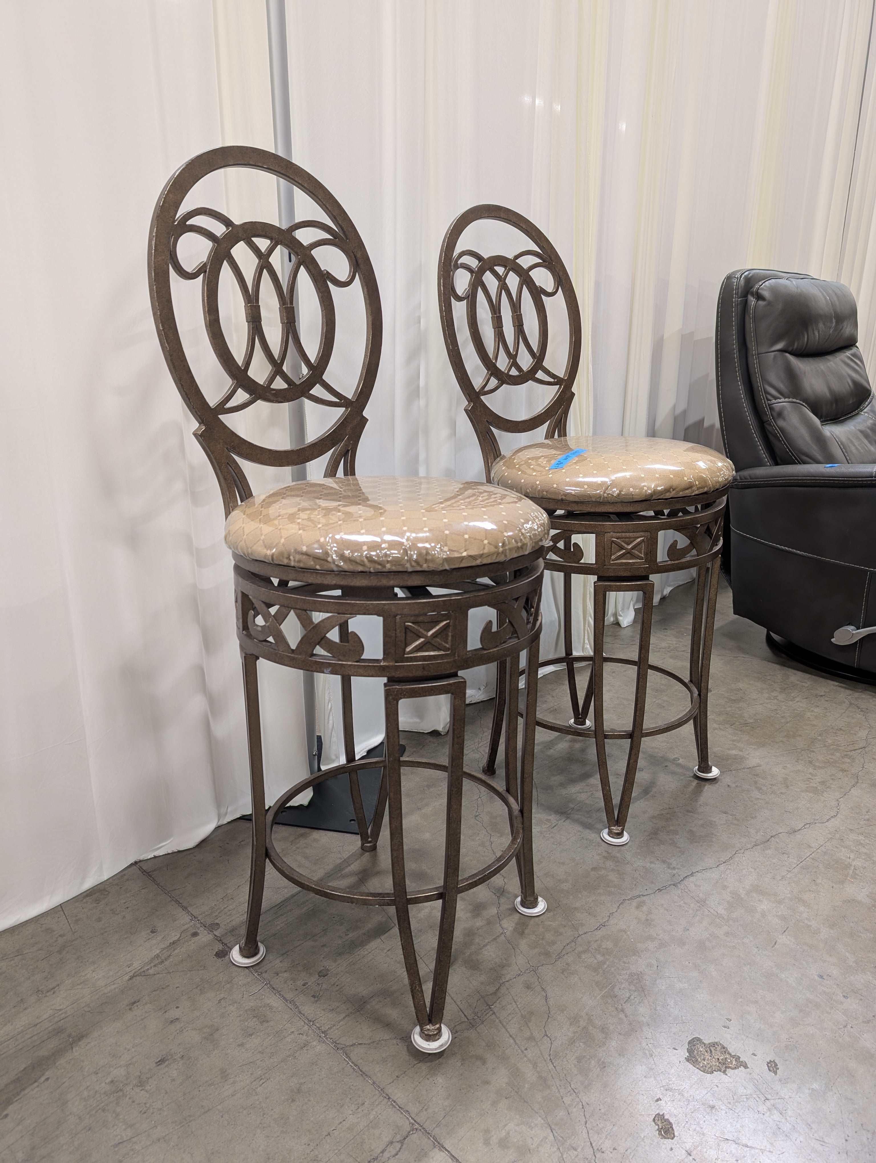 Pair of Ornate Dark Bronze Metal Bar Stools with Upholstered Seats