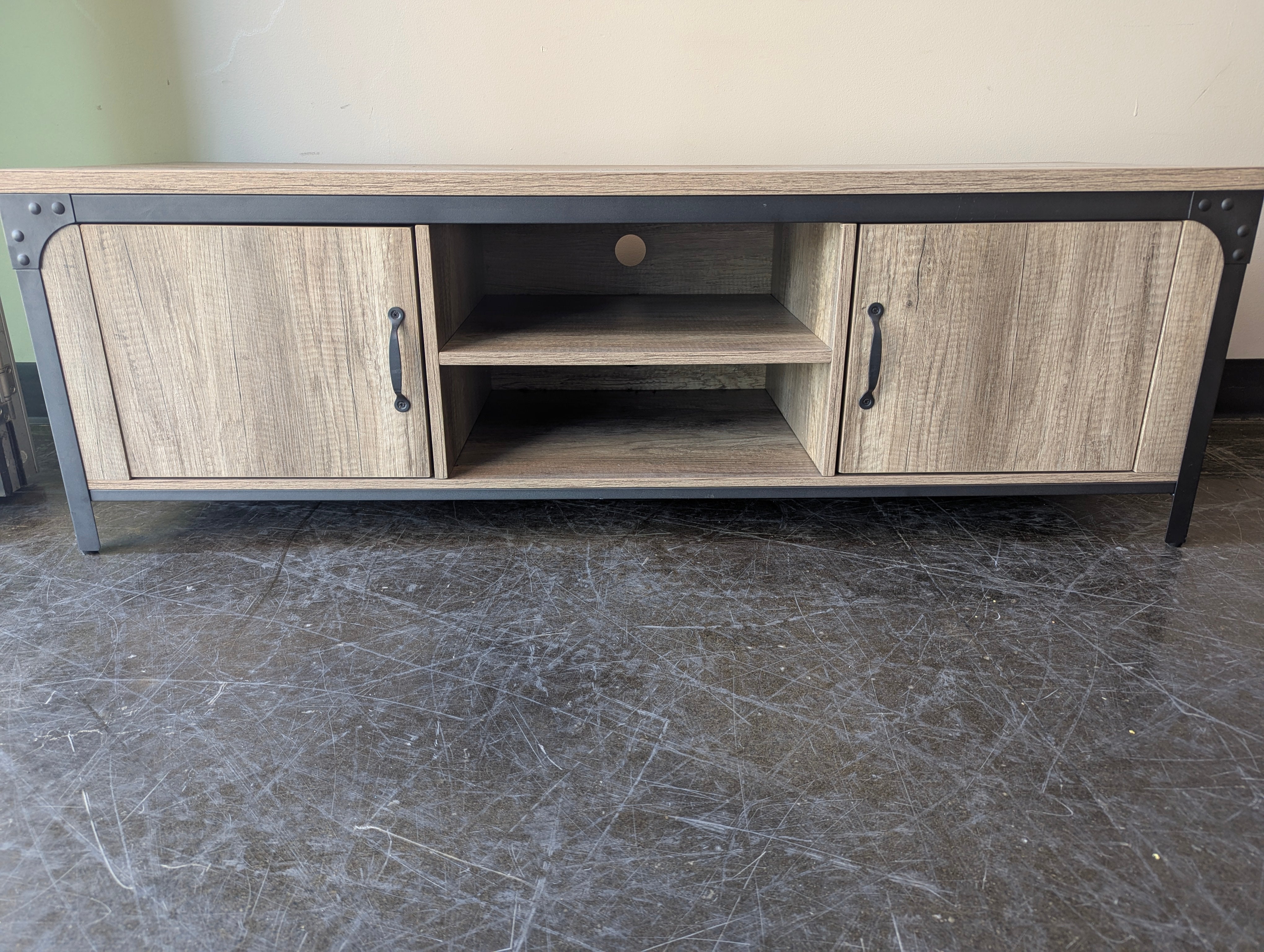 Rustic Gray Wood Media Console with Black Metal Accents