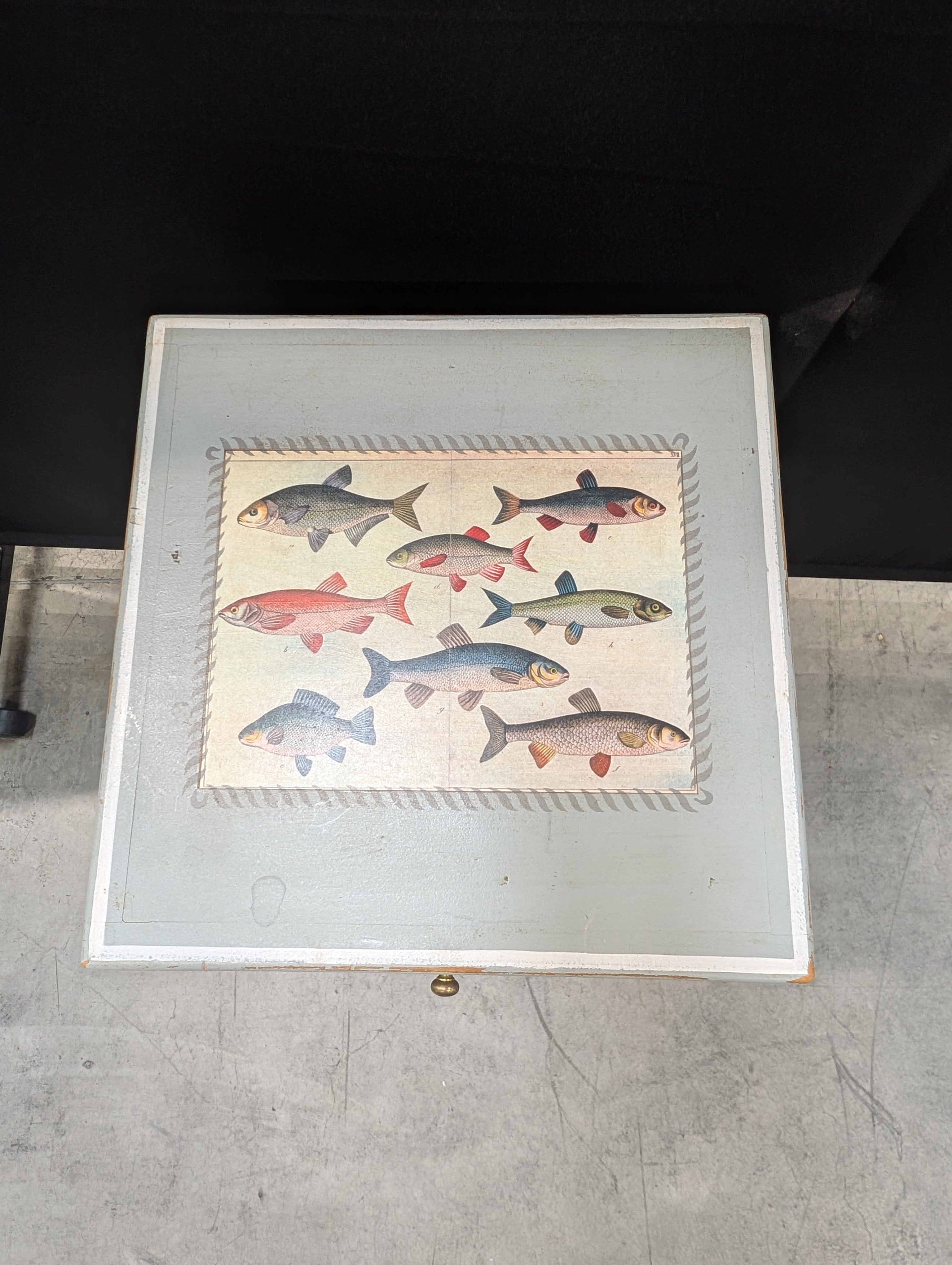Decorative Wooden Box with Fish Motif on Wrought Iron Stand