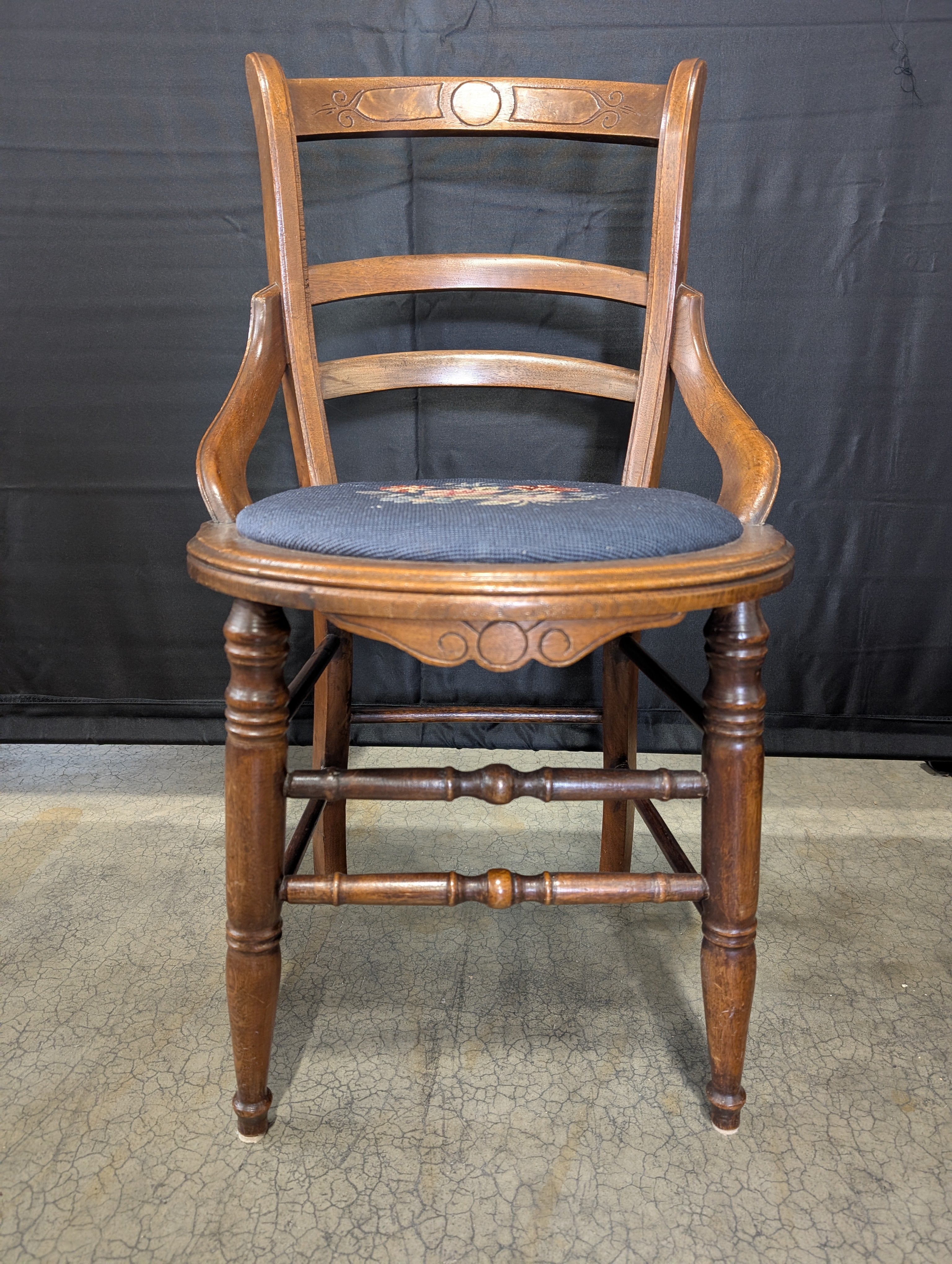 Vintage Carved Wood Accent Chair with Floral Needlepoint Seat