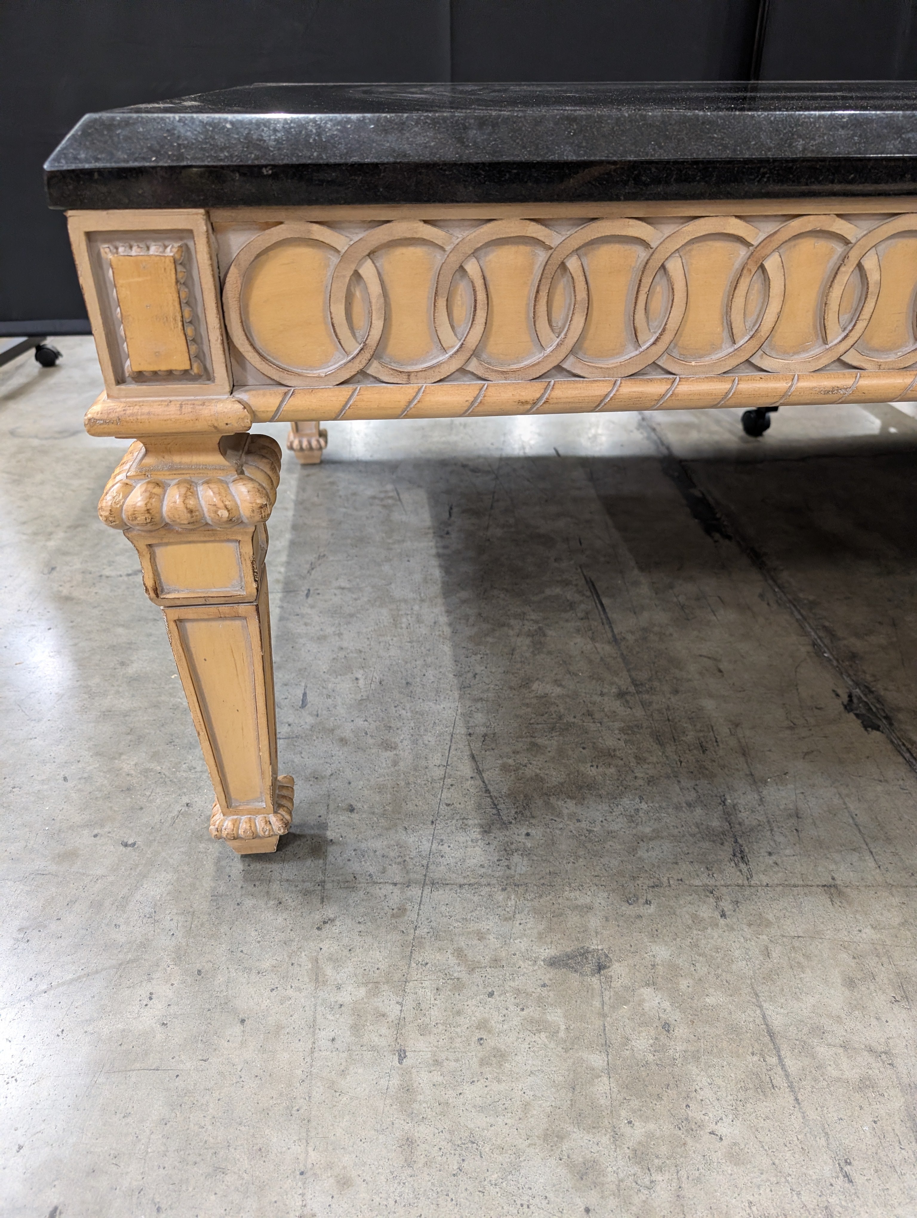 Ornate Carved Wood Base Black Top Rectangular Dining Table