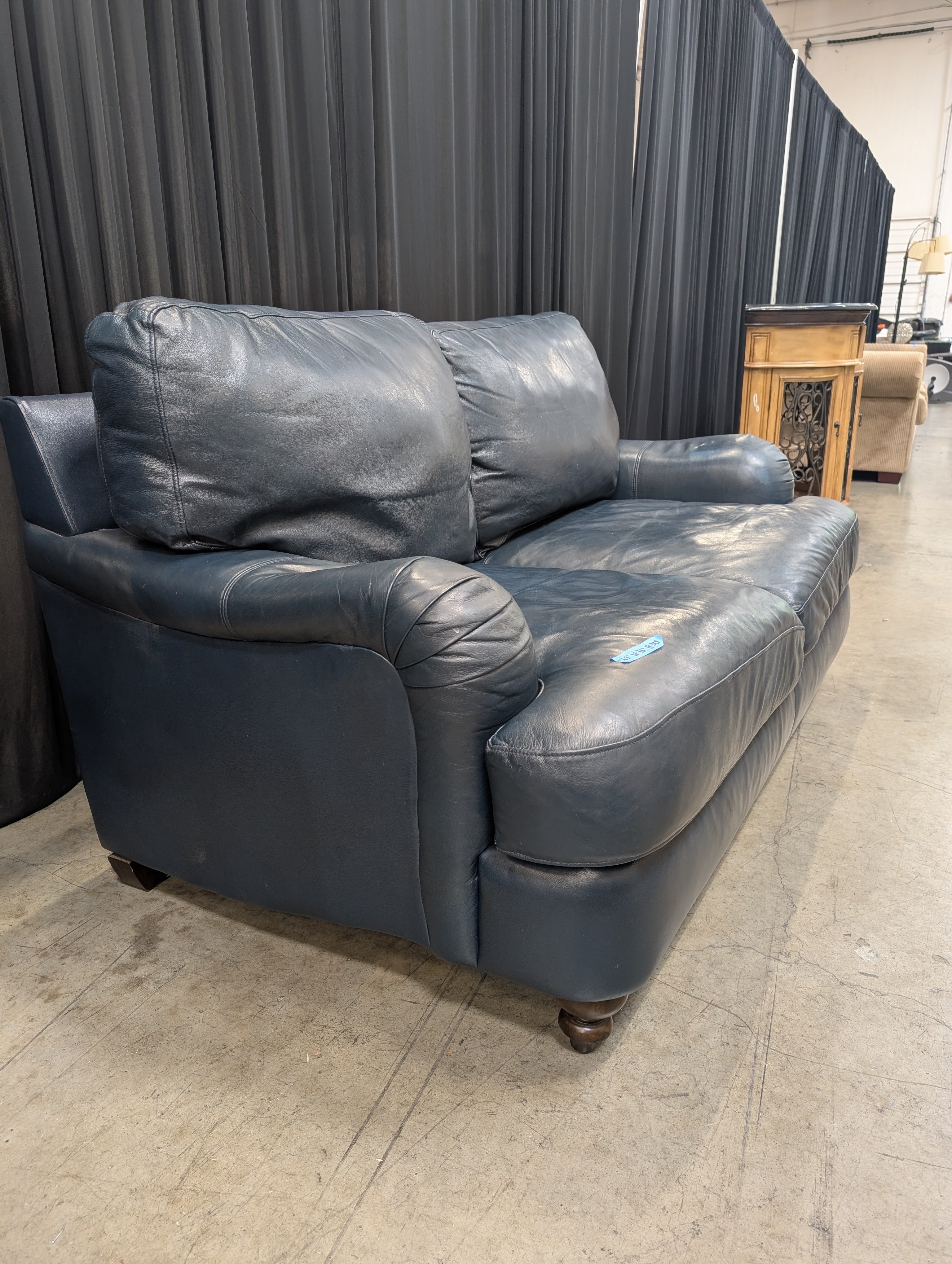 Plush Two-Seat Loveseat in Dark Blue Leather