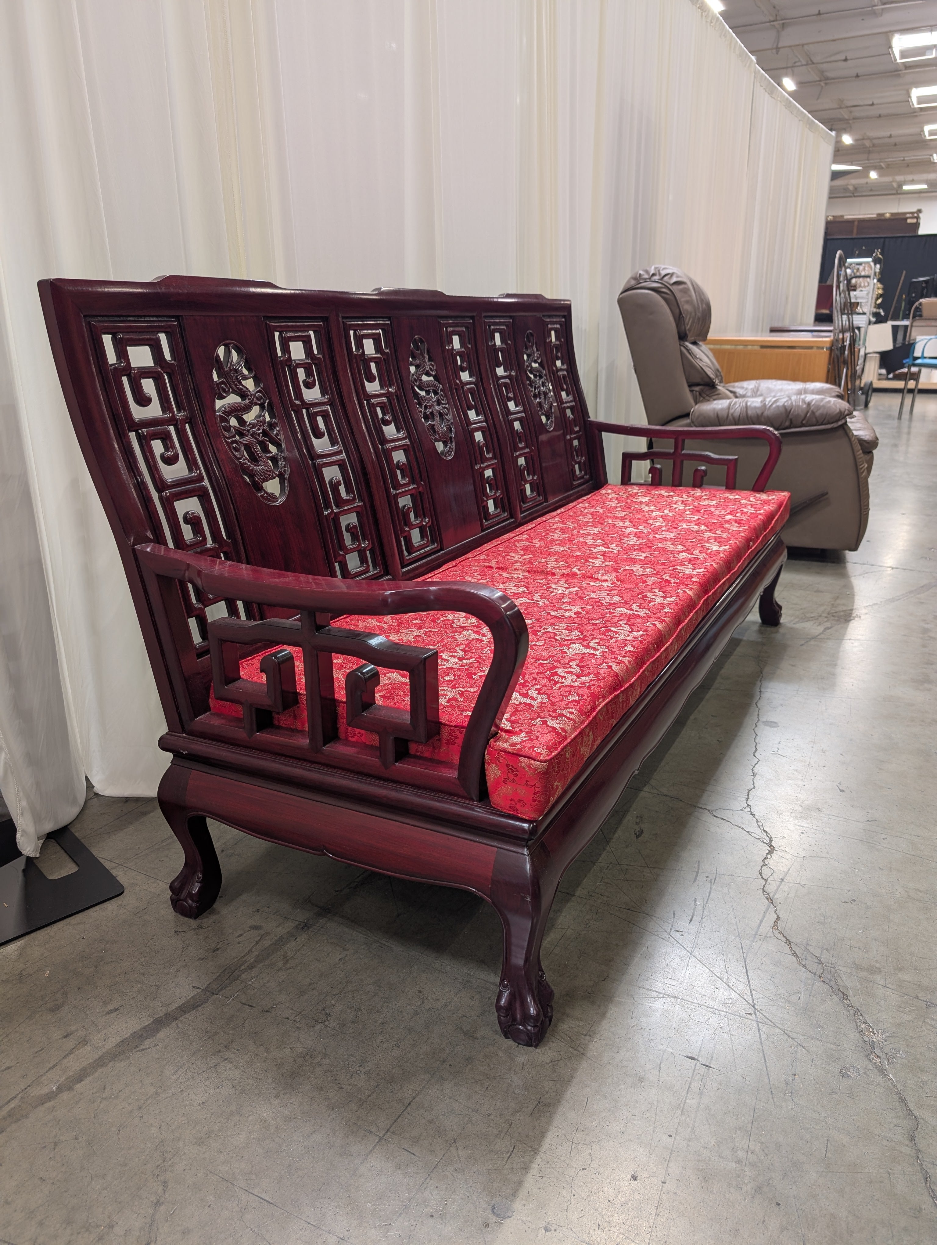 Dark Wood Asian Style Couch with Red Cushion