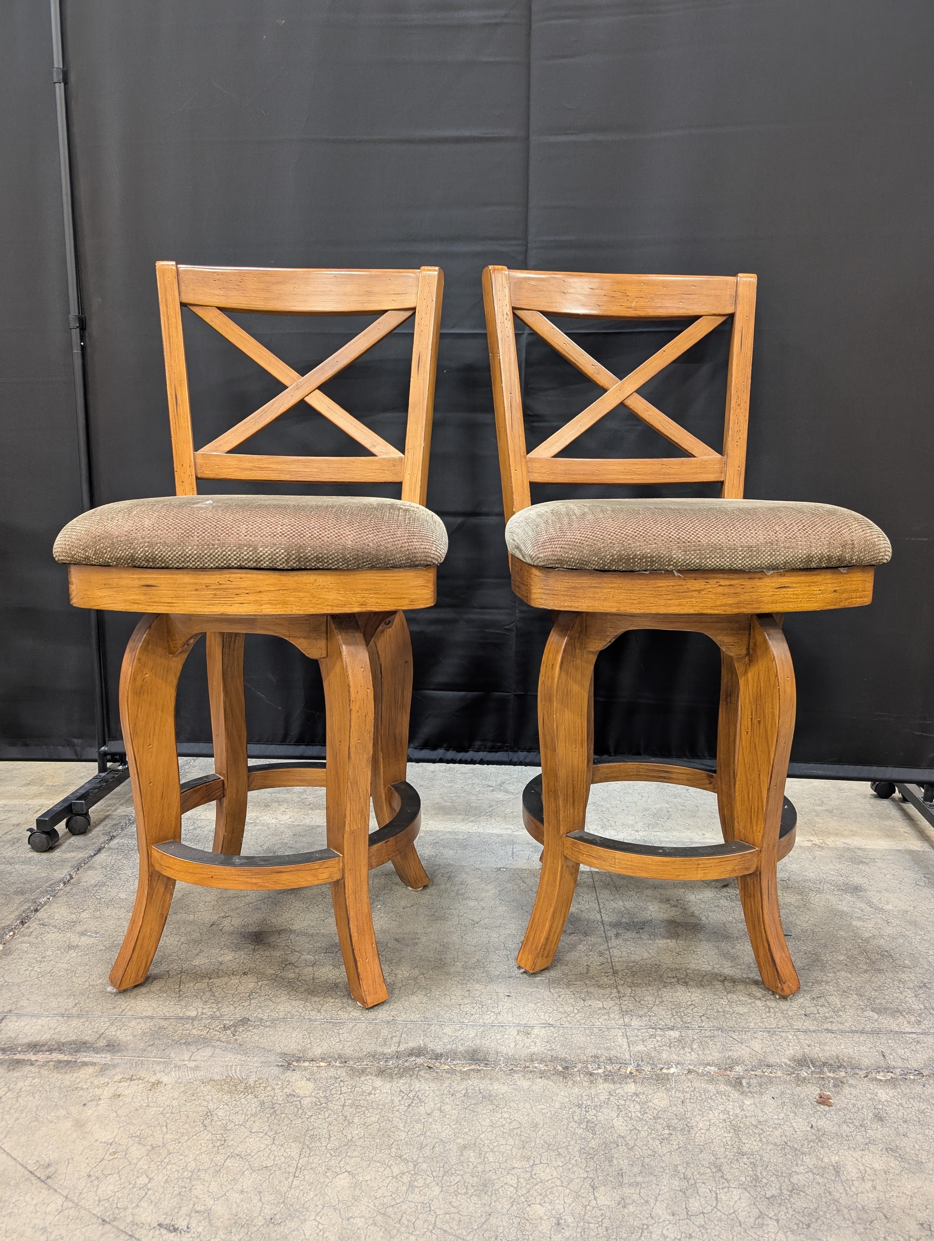 Pair of Wood X-Back Swivel Bar Stools