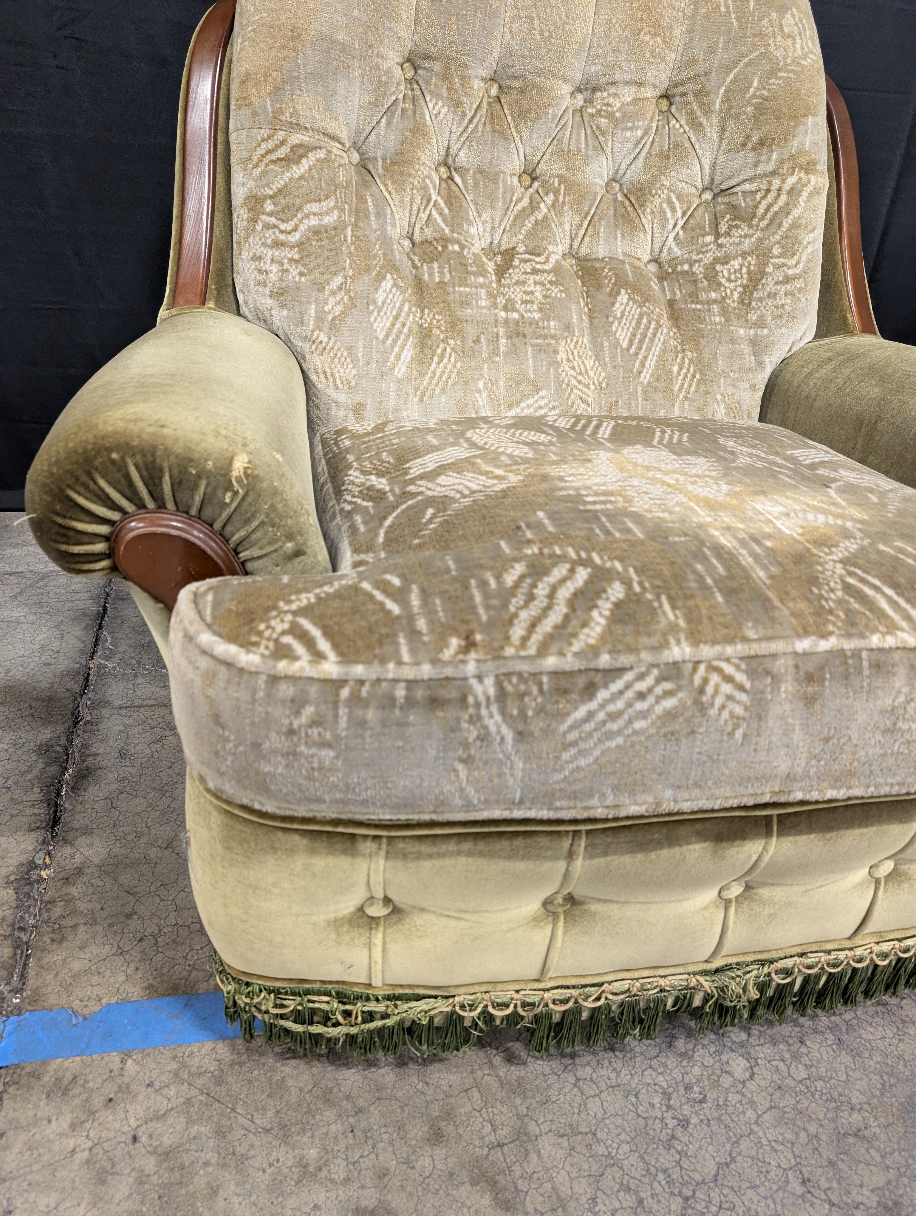 Vintage Tufted Velour Armchair with Wood Accents