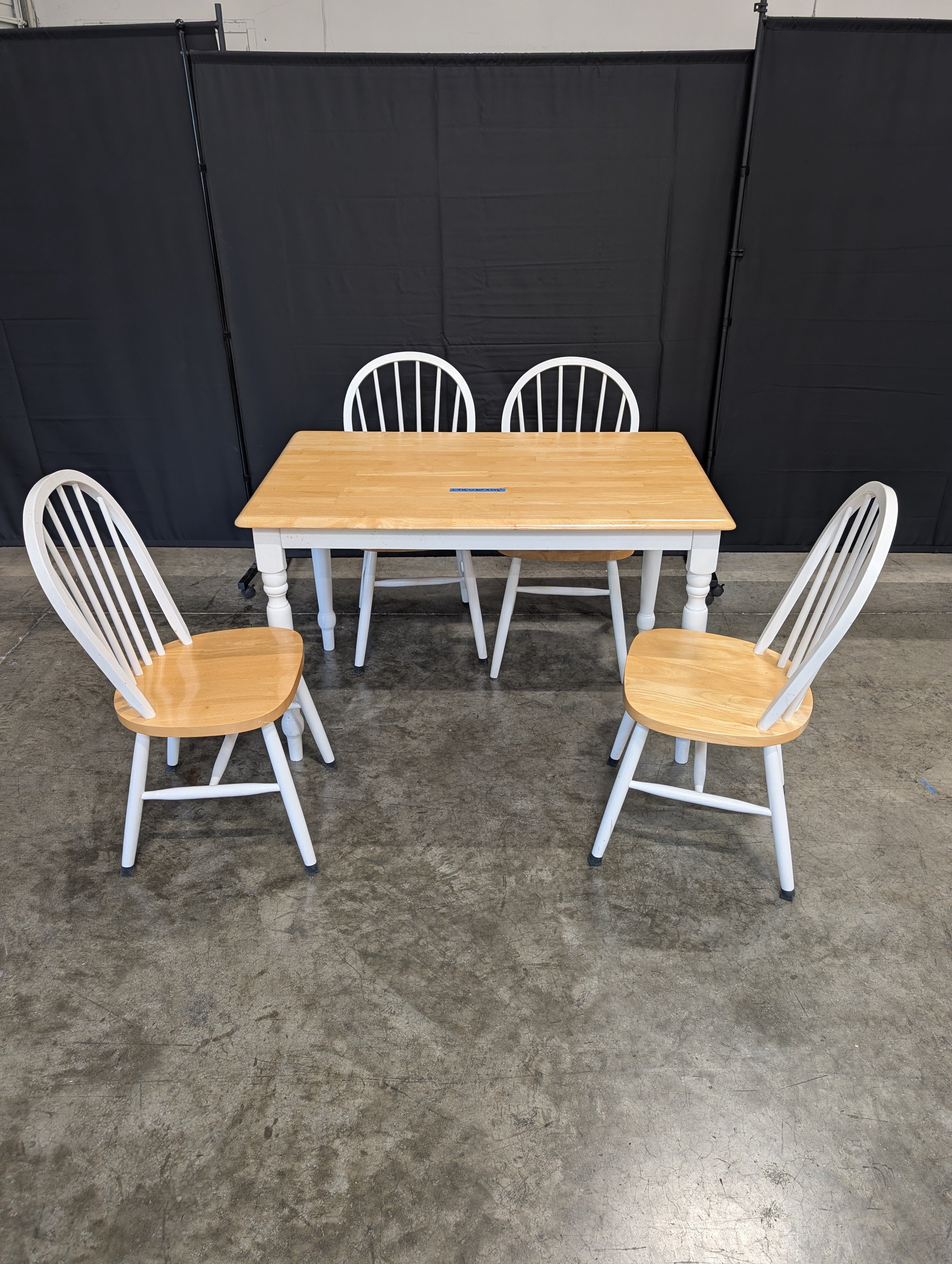 Set of Four Wooden Dining Chairs & Butcher Block Style Dining Table with White Legs