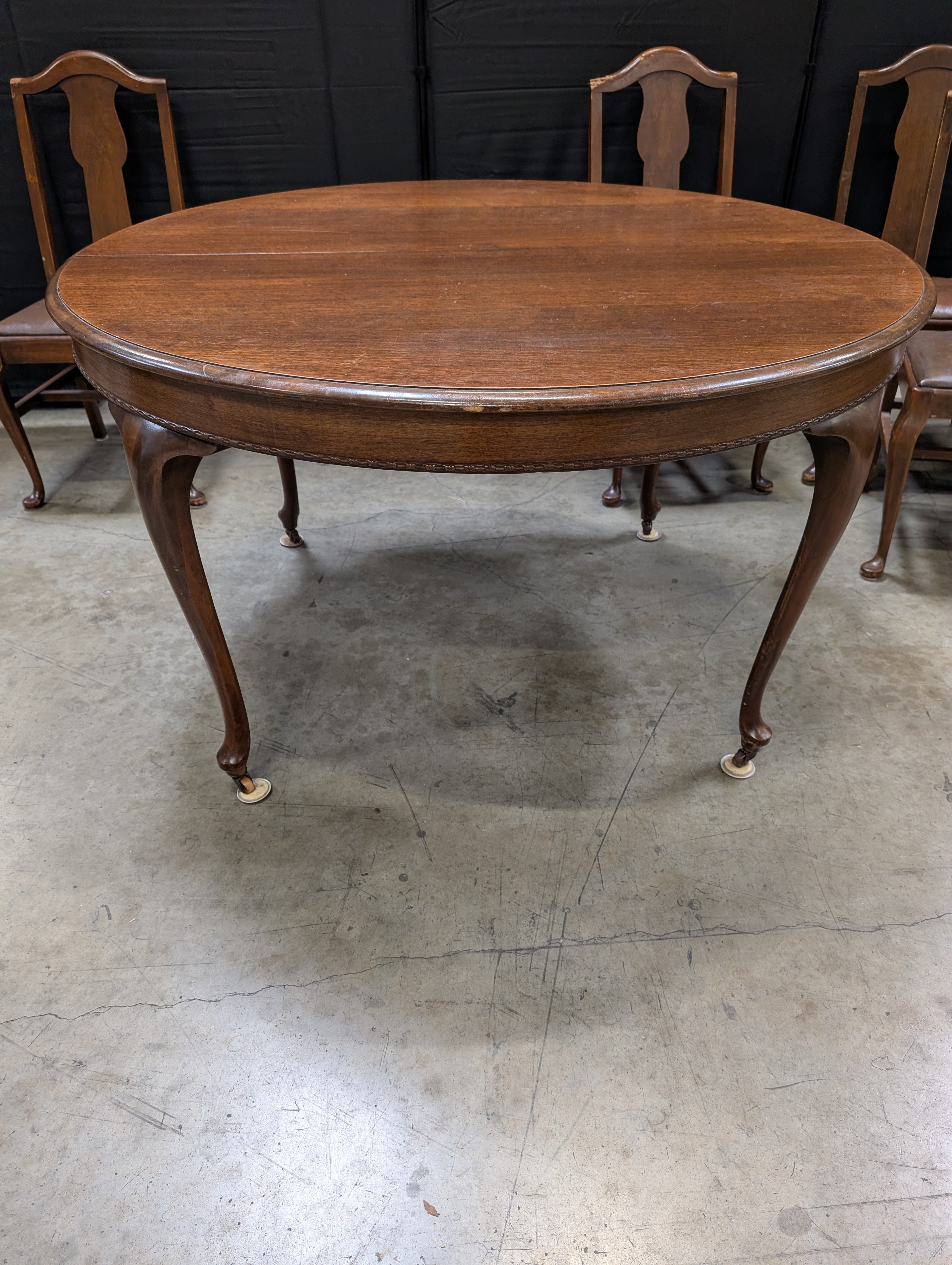 Antique Dark Wood Round Dining Table with six Dining Chairs