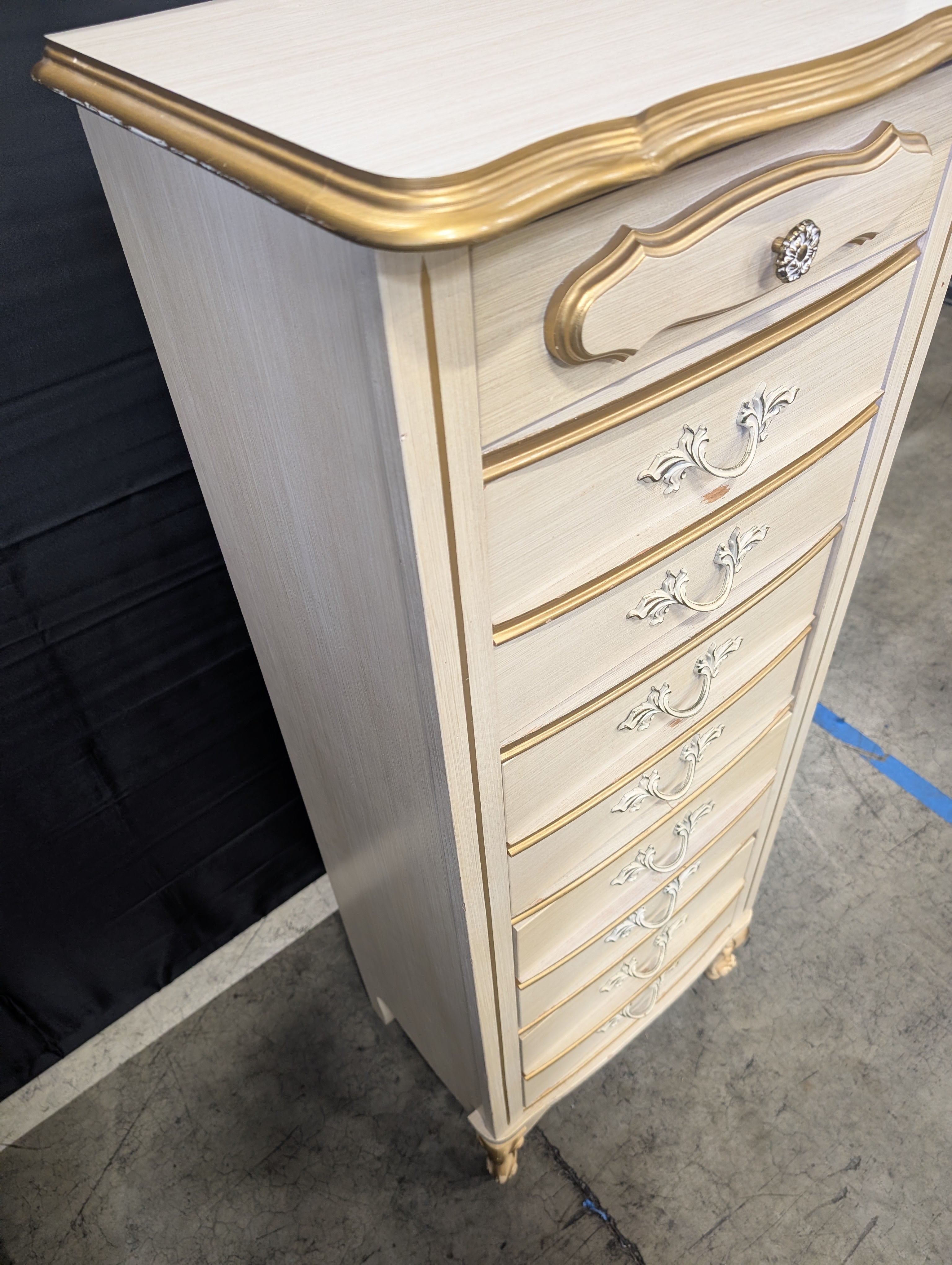 Vintage French Provincial Tall Chest of Drawers, Cream and Gilt Accents