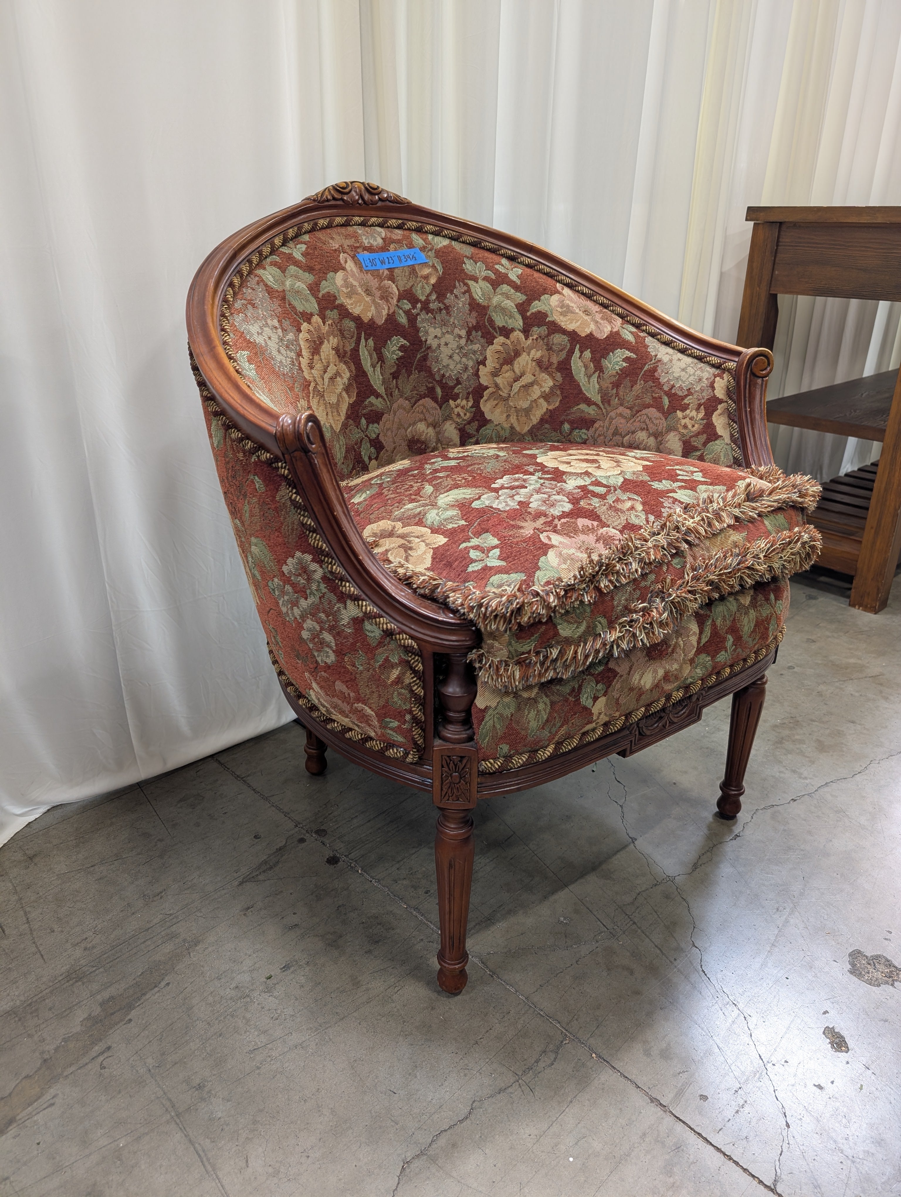 French Provincial Floral Tapestry Armchair with Fringe