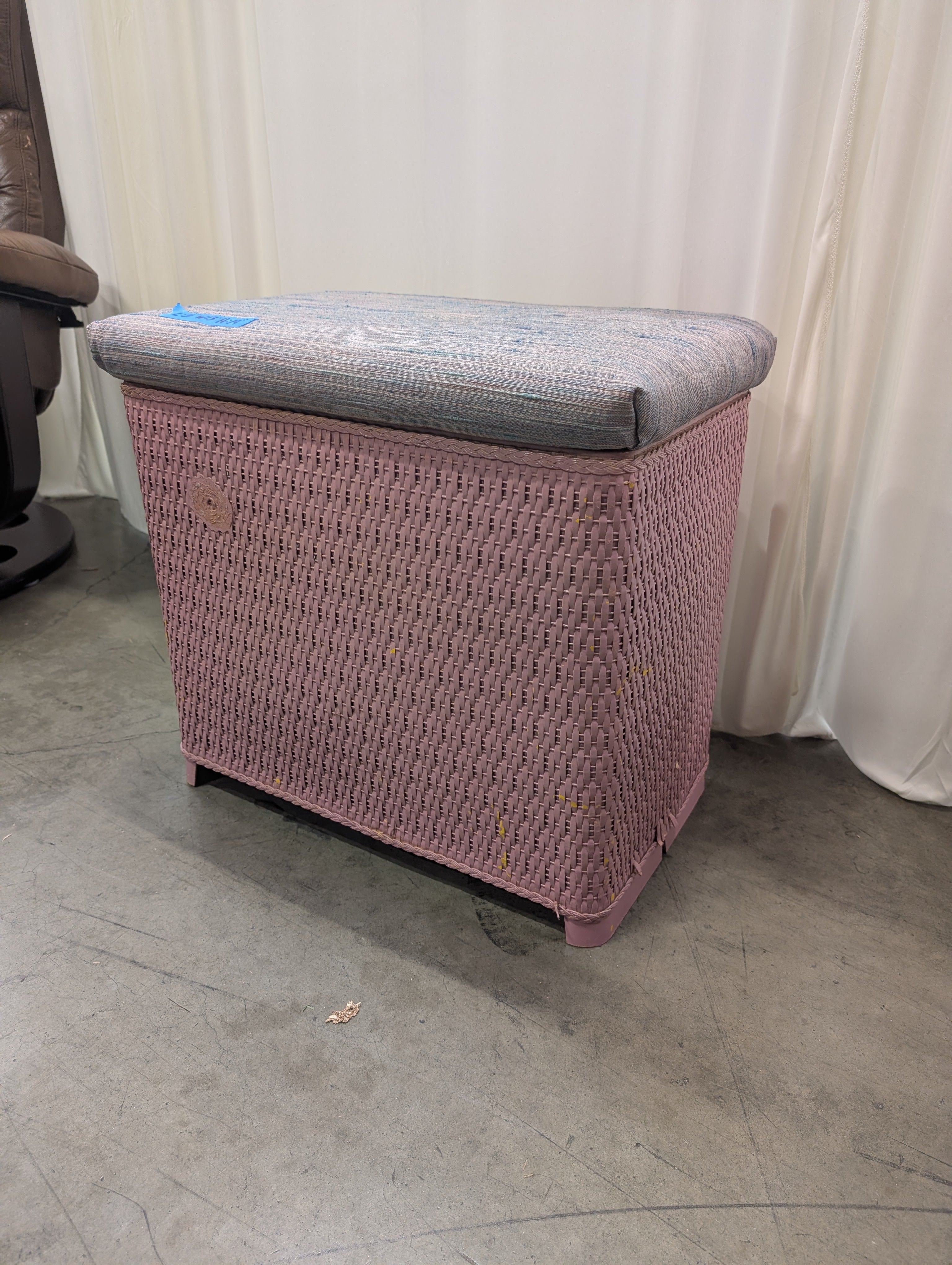 Pink Woven Wicker Storage Ottoman with Padded Lid