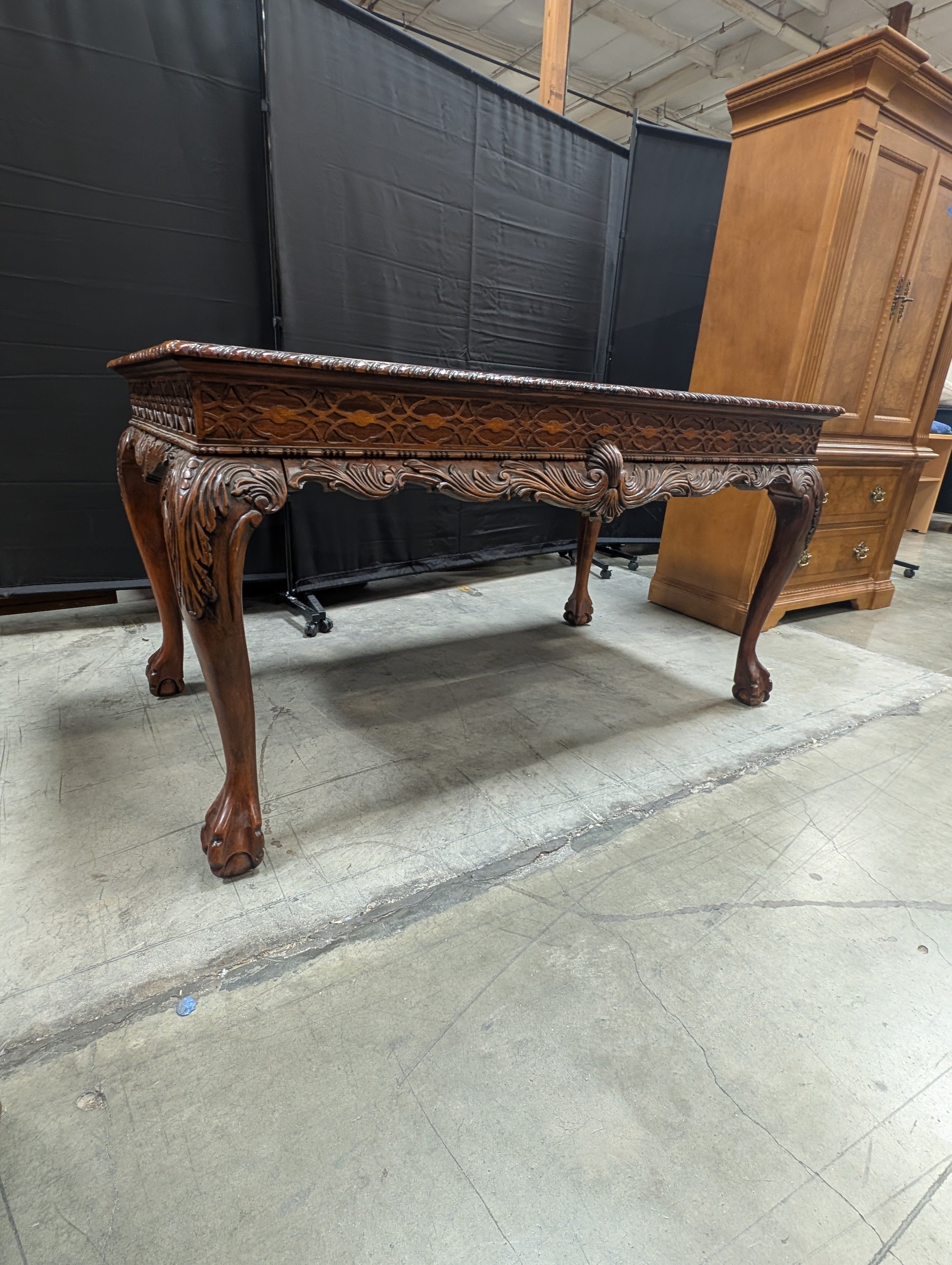 Vintage Carved Leg Wooden Table with Drawer