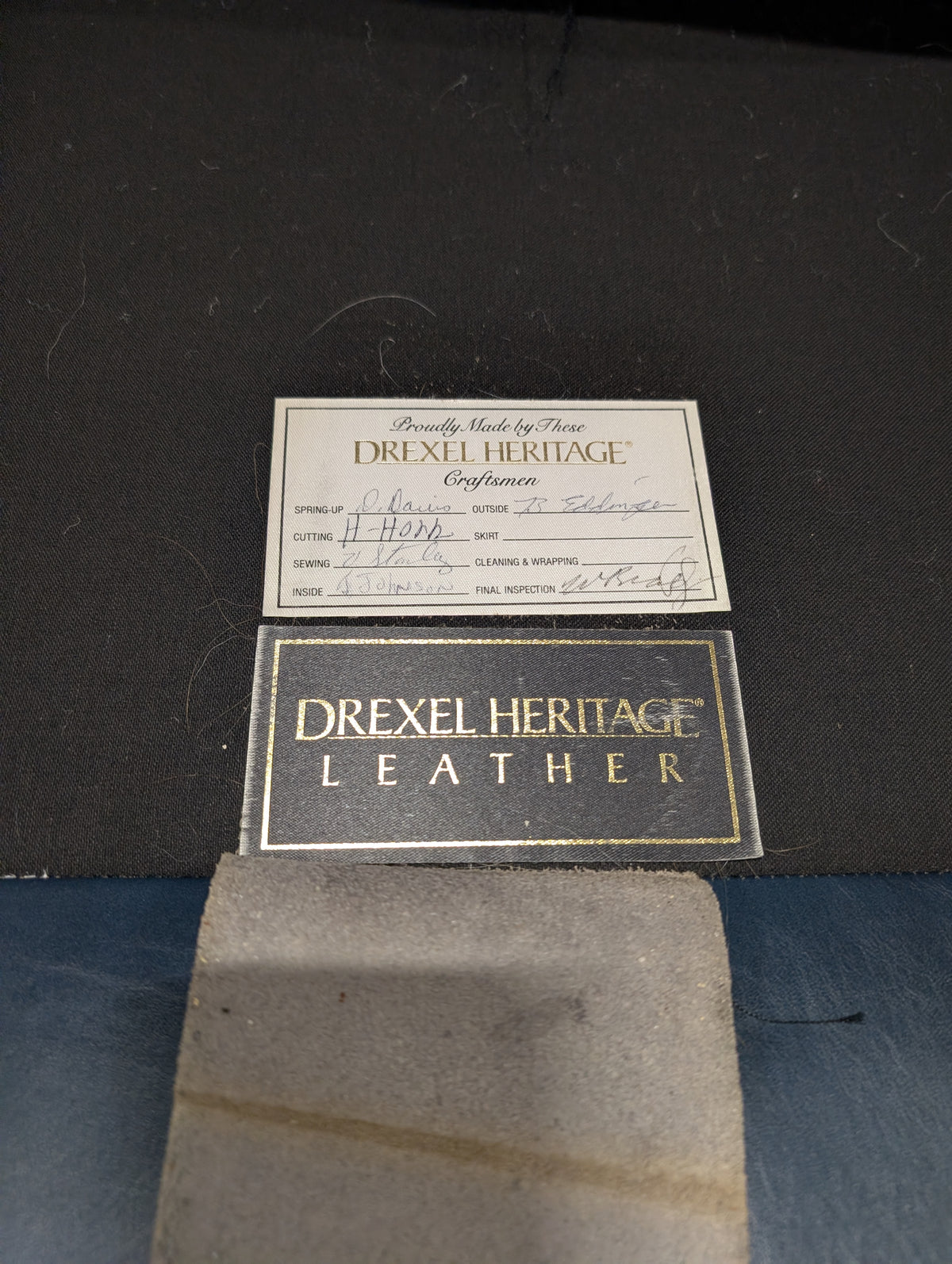 Drexel Dark Blue Leather Three-Cushion Couch with Nailhead Trim