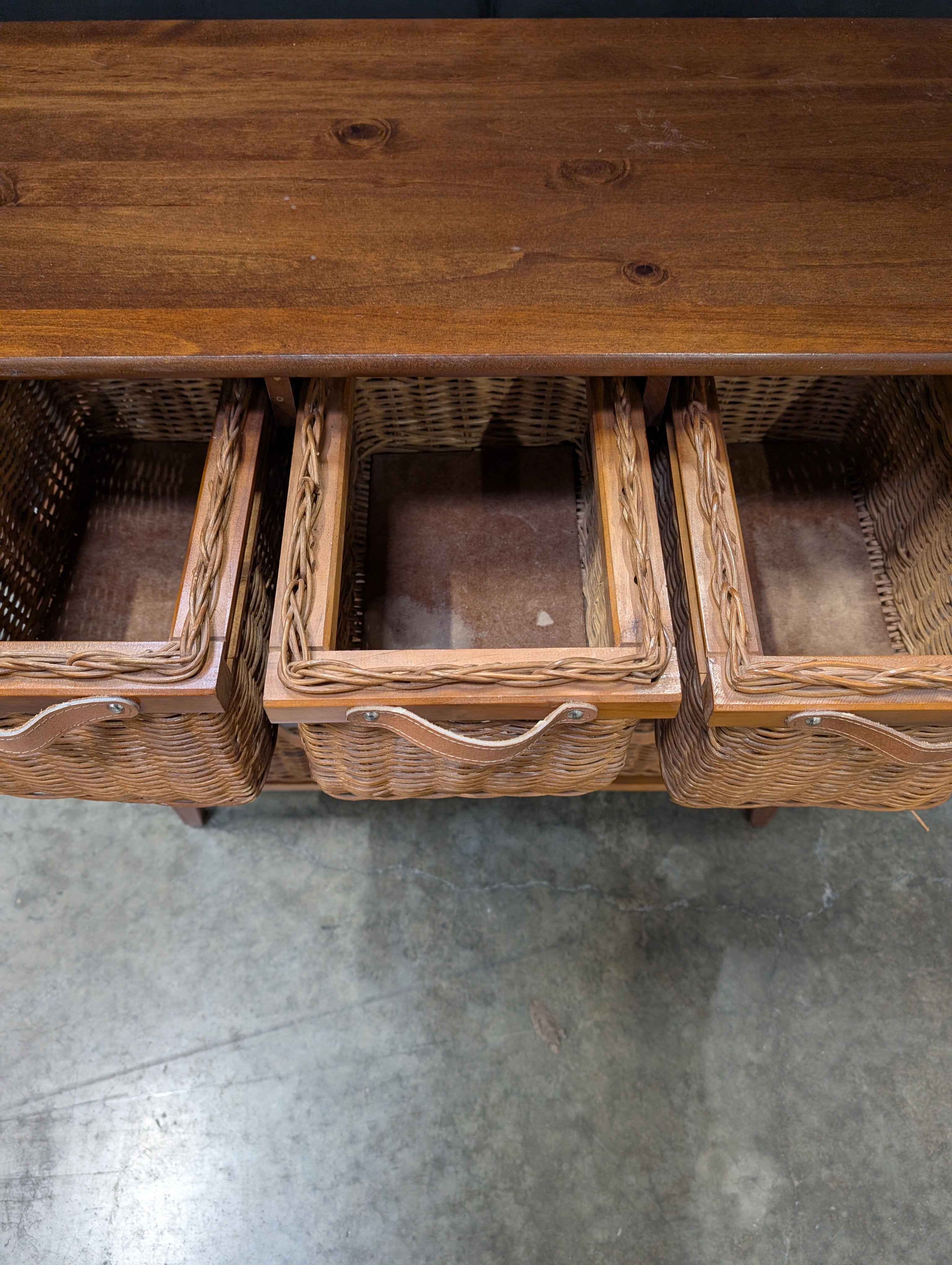 Rustic Dark Wood & Wicker Storage Cabinet with 6 Baskets & Leather Pulls