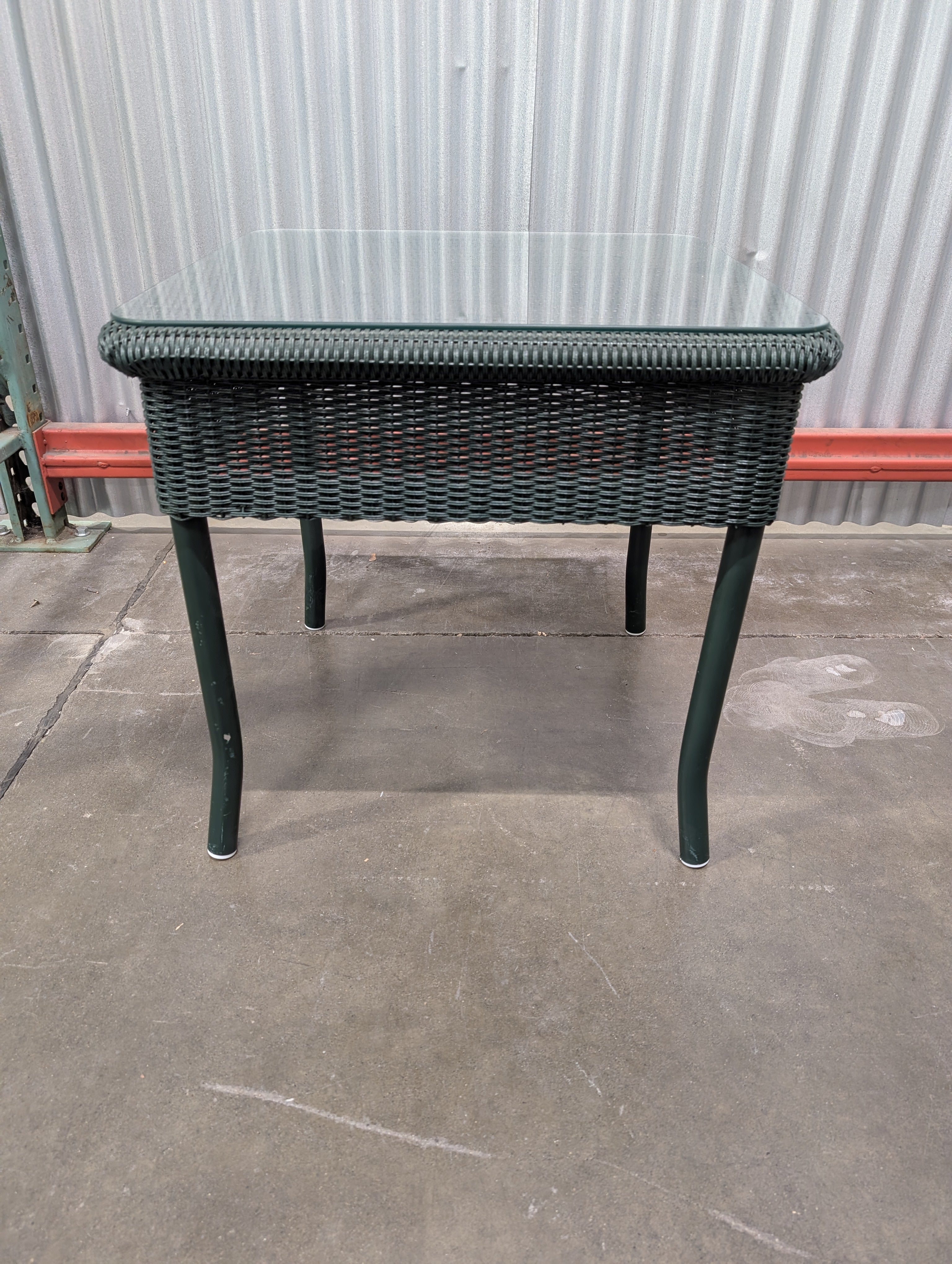 Small Green Resin Wicker Woven Outdoor Table with Glass Top