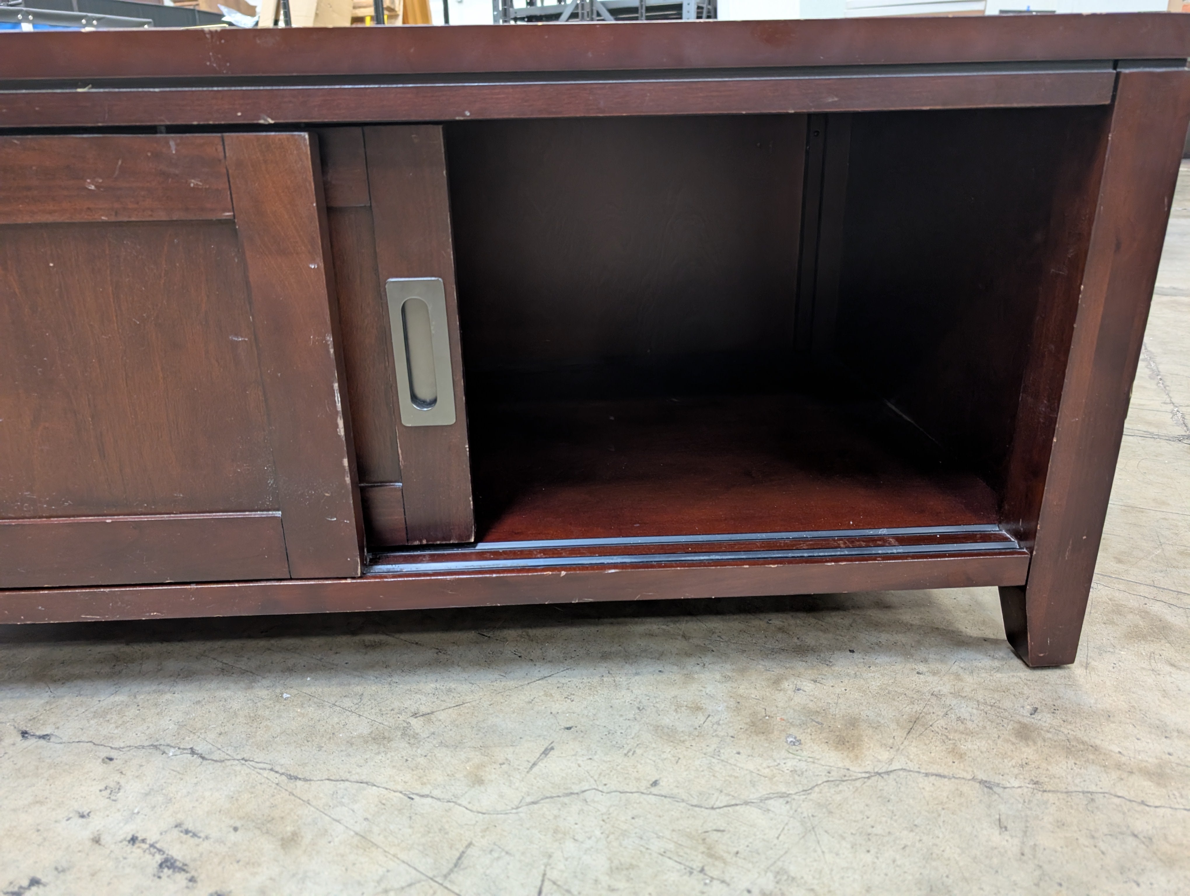 Contemporary Dark Wood Media Console with Sliding Doors
