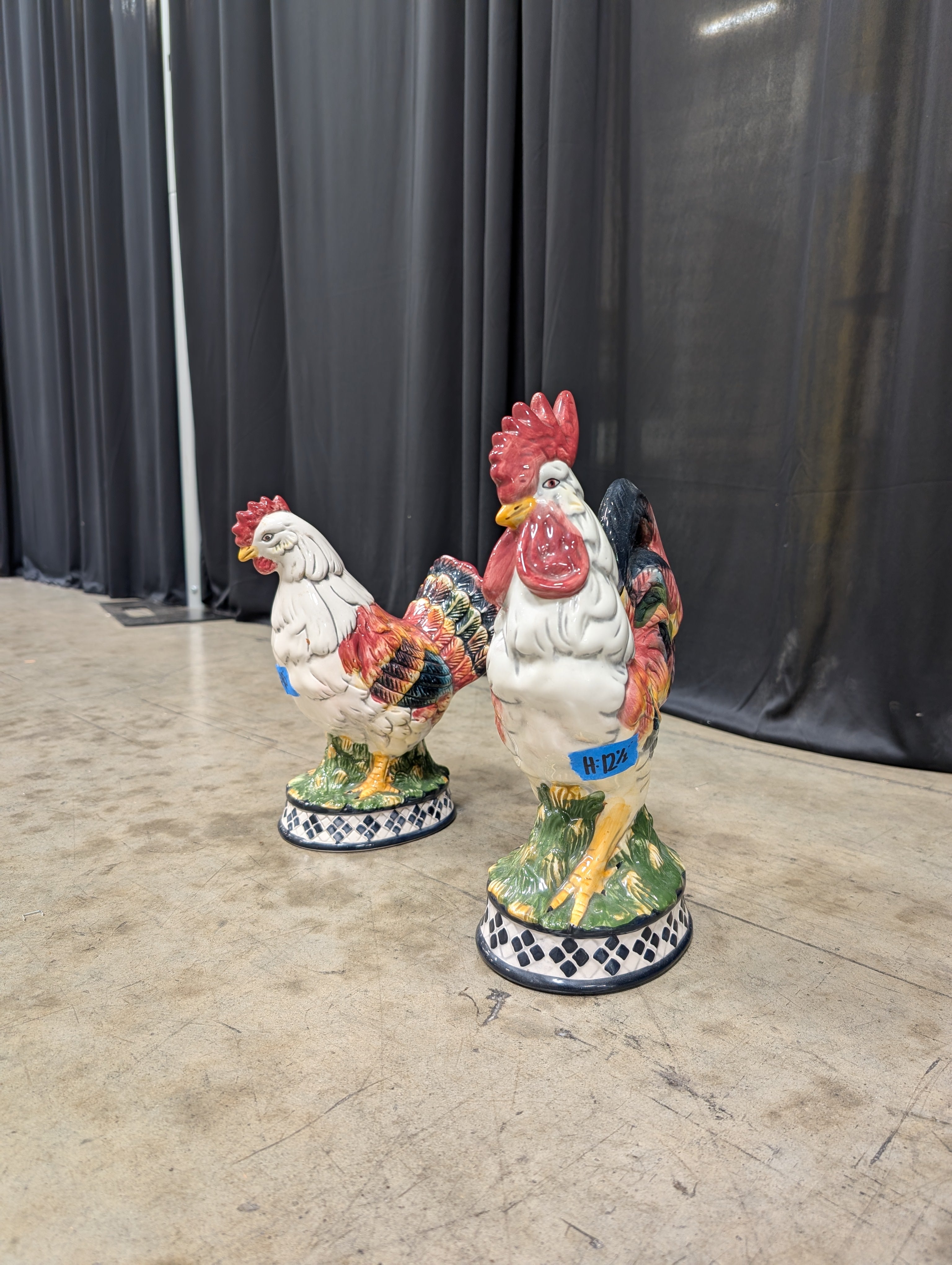 Colorful Ceramic Rooster and Hen Figurines with Checkered Base