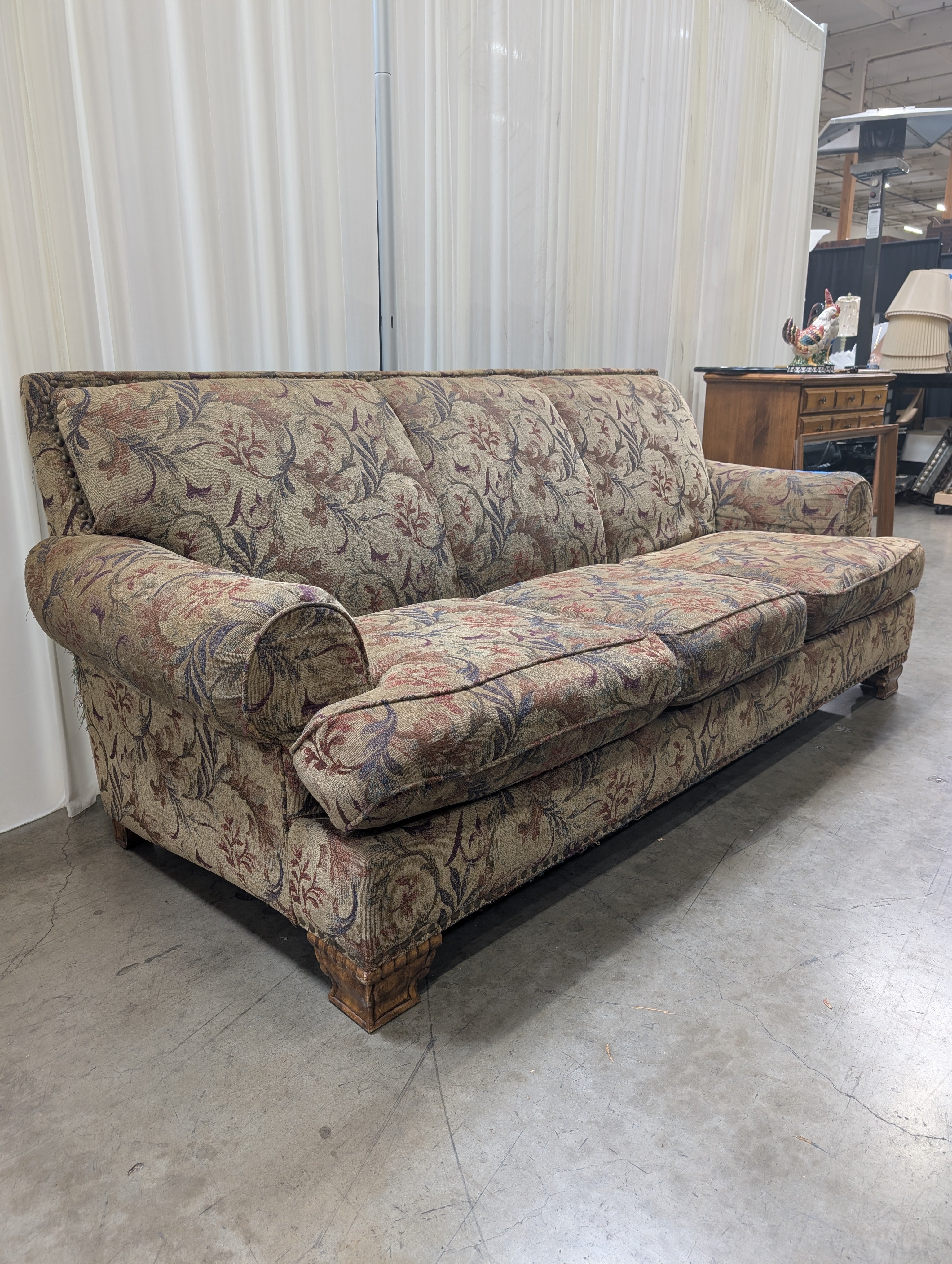 Traditional Patterned Fabric Rolled Arm Couch with Nailhead Trim
