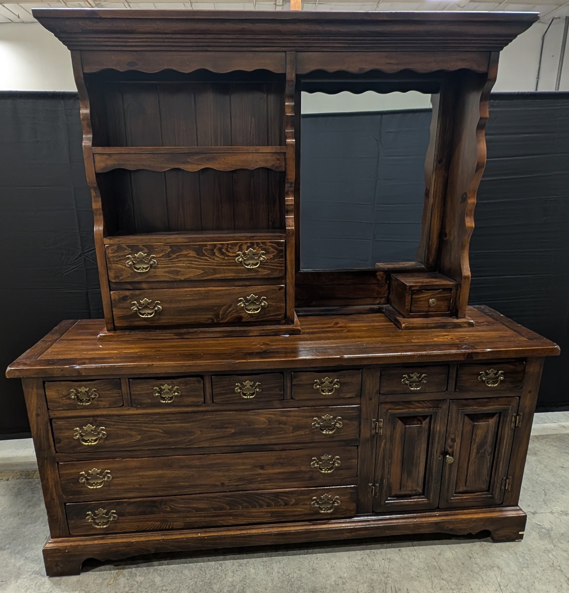 Sears Open Hearth Collection Dark Stained Wood Dresser with Hutch and Mirror