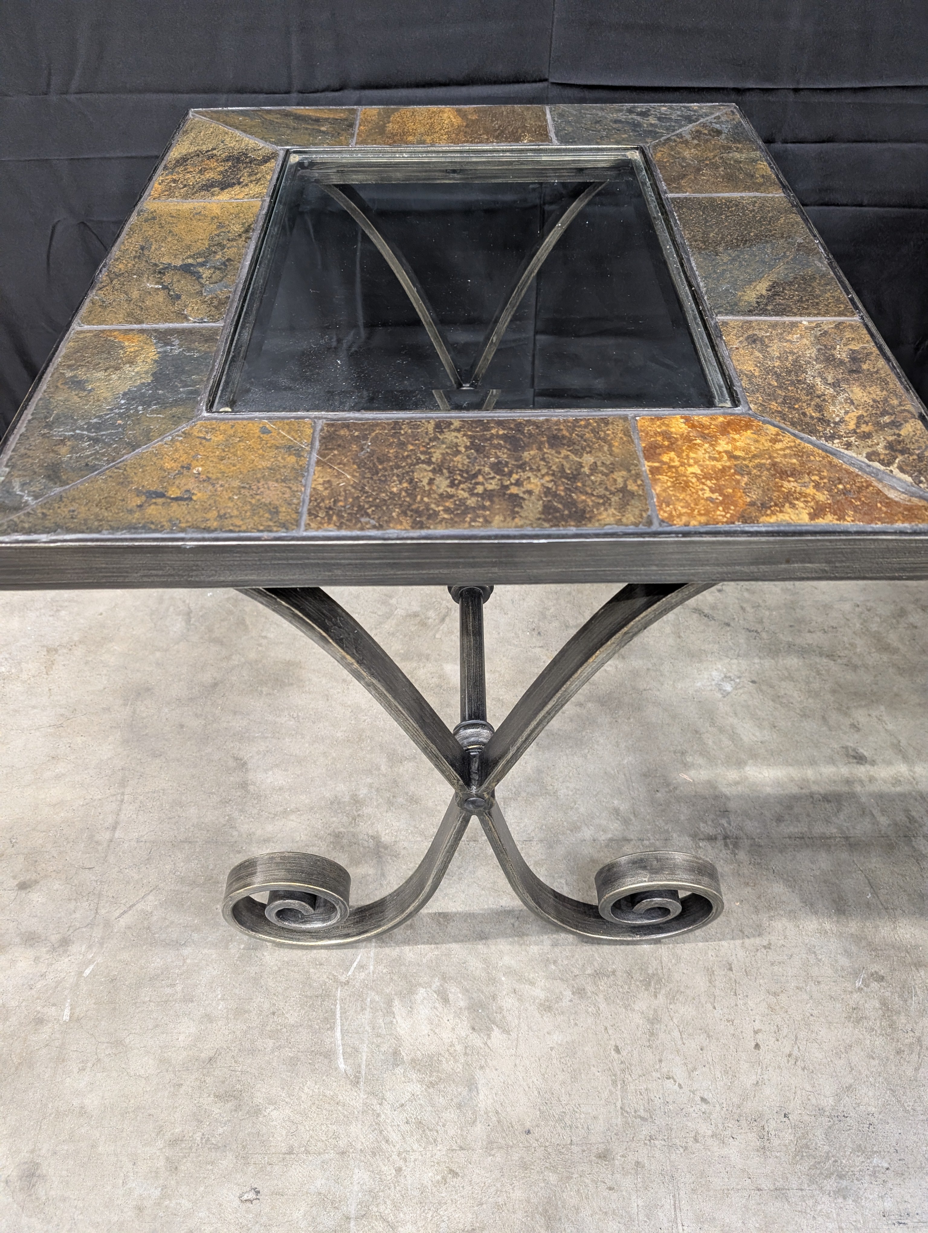 Industrial Style Square End Table with Stone and Glass Top