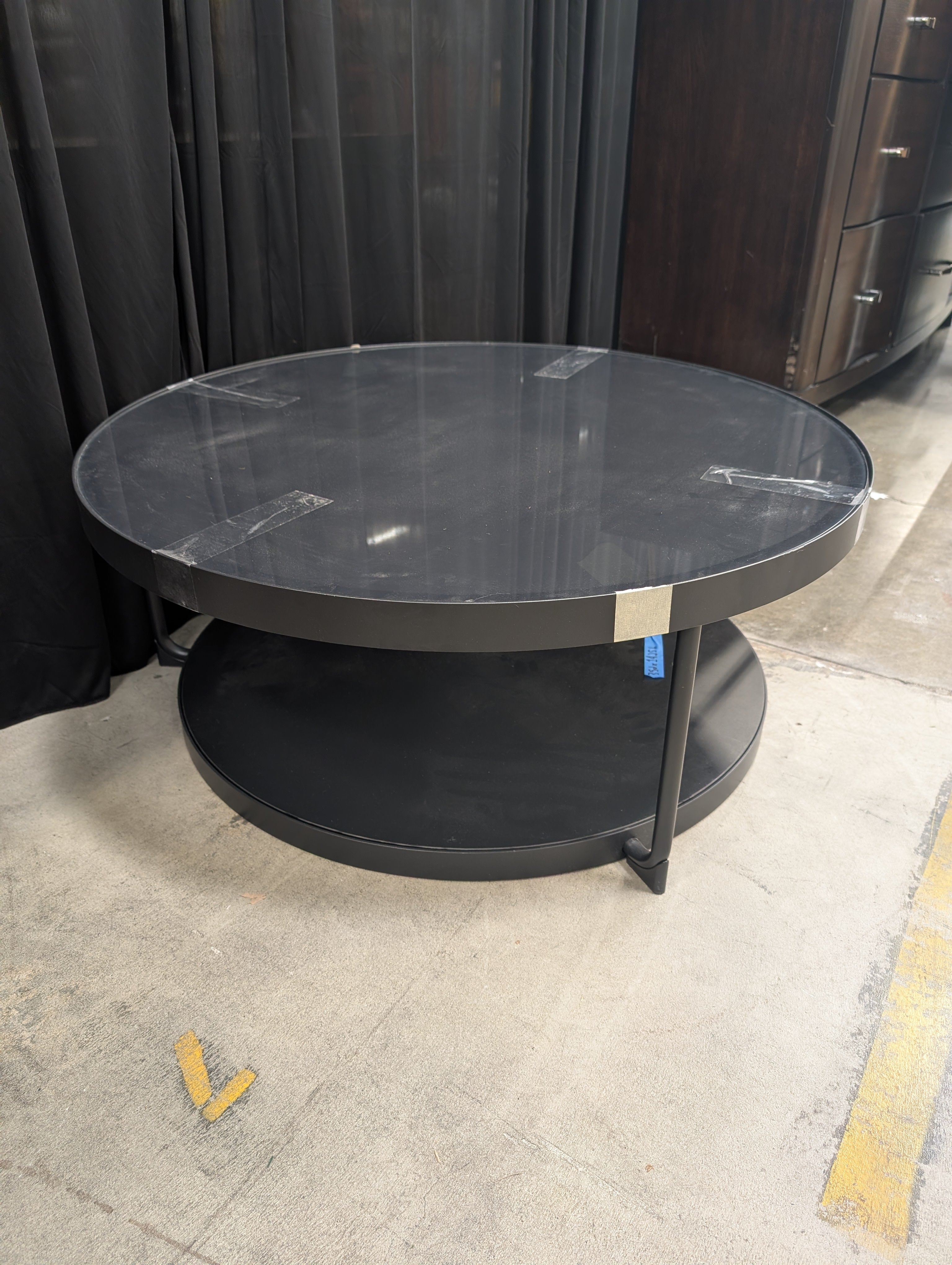 Round Glass top Coffee Table with Dark Metal Base