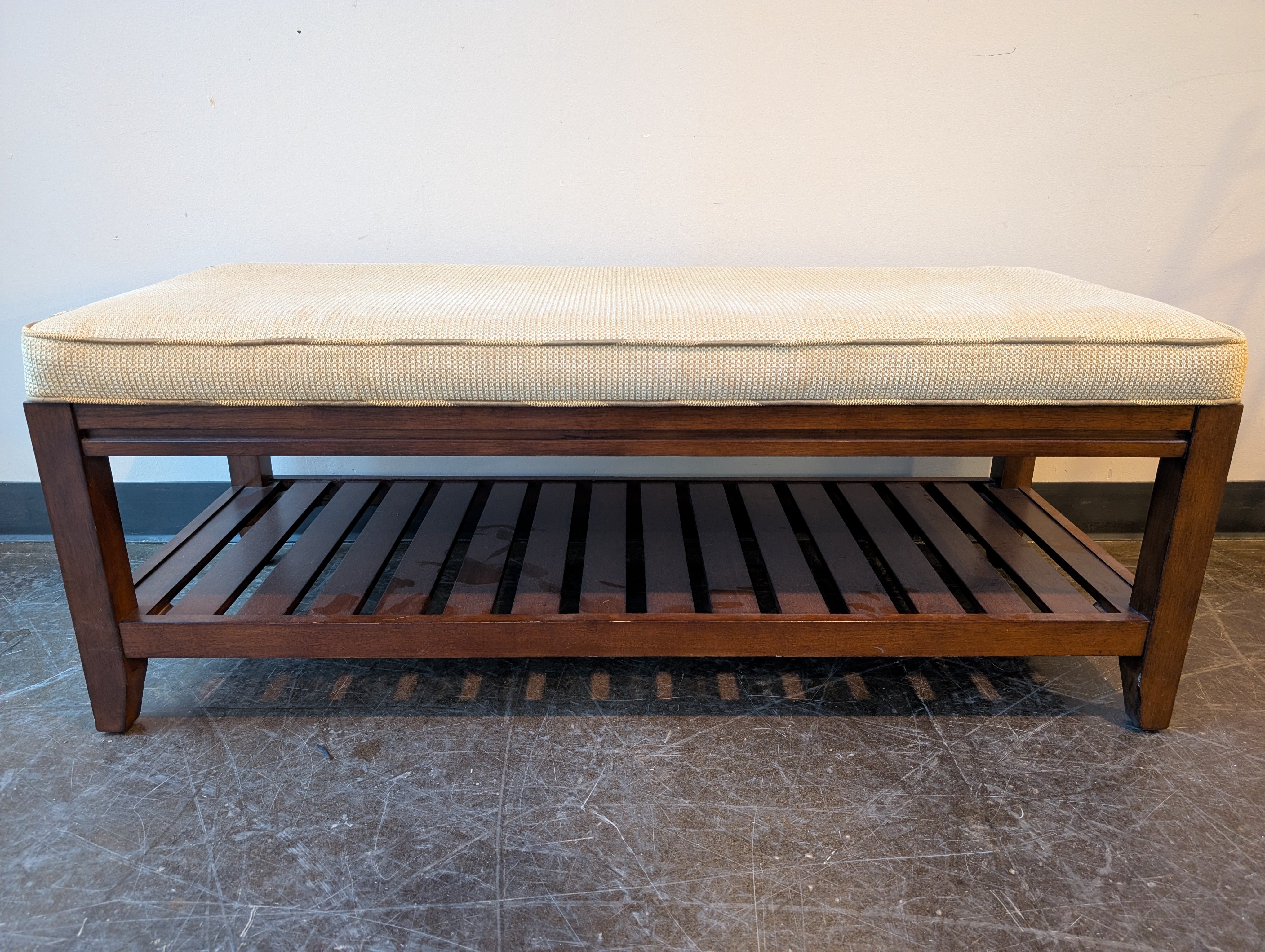 Dark Wood Entryway Bench with Upholstered Cushion and Slatted Shelf