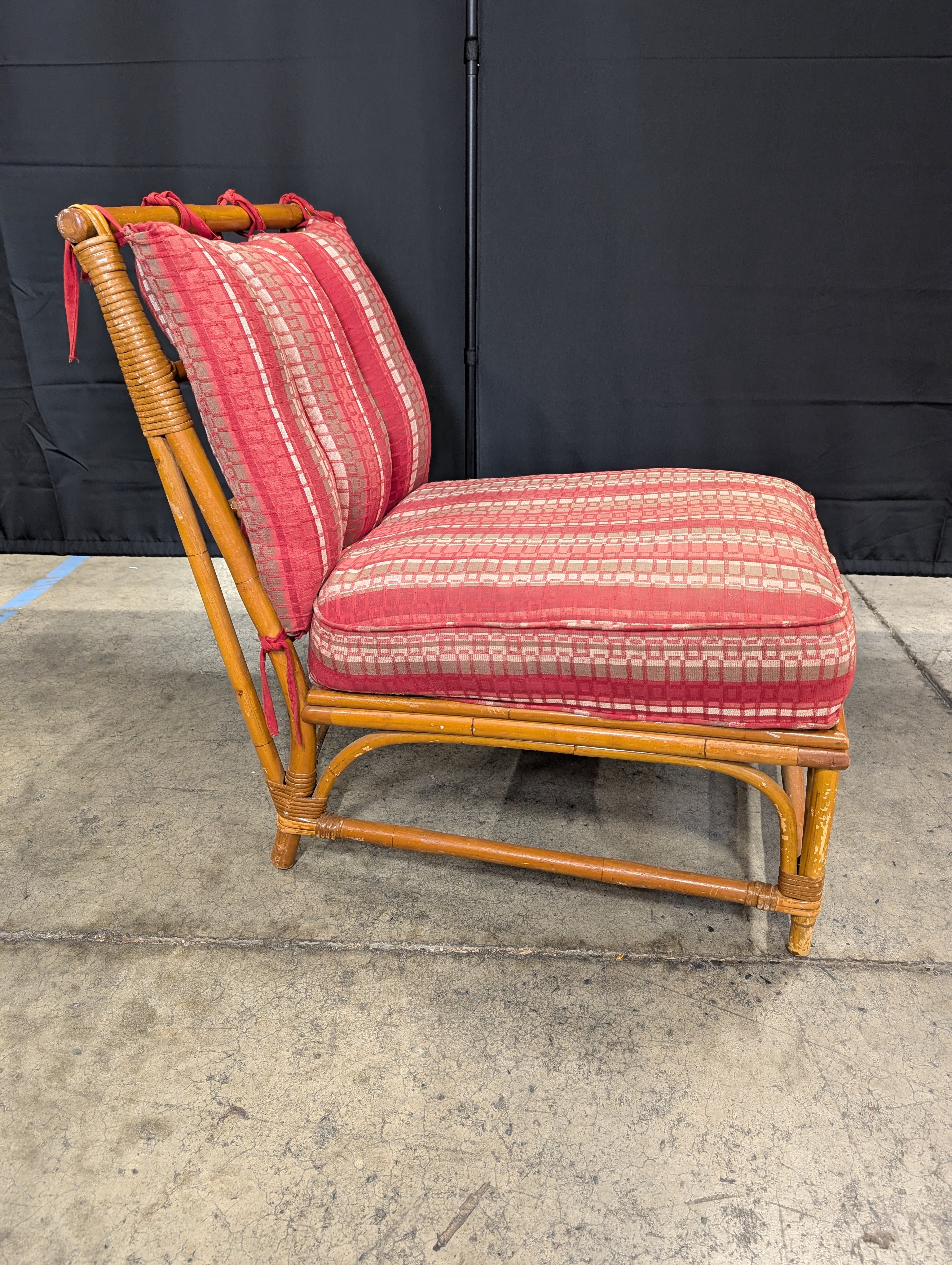Vintage Bamboo Rattan Lounge Chair with Patterned Cushion