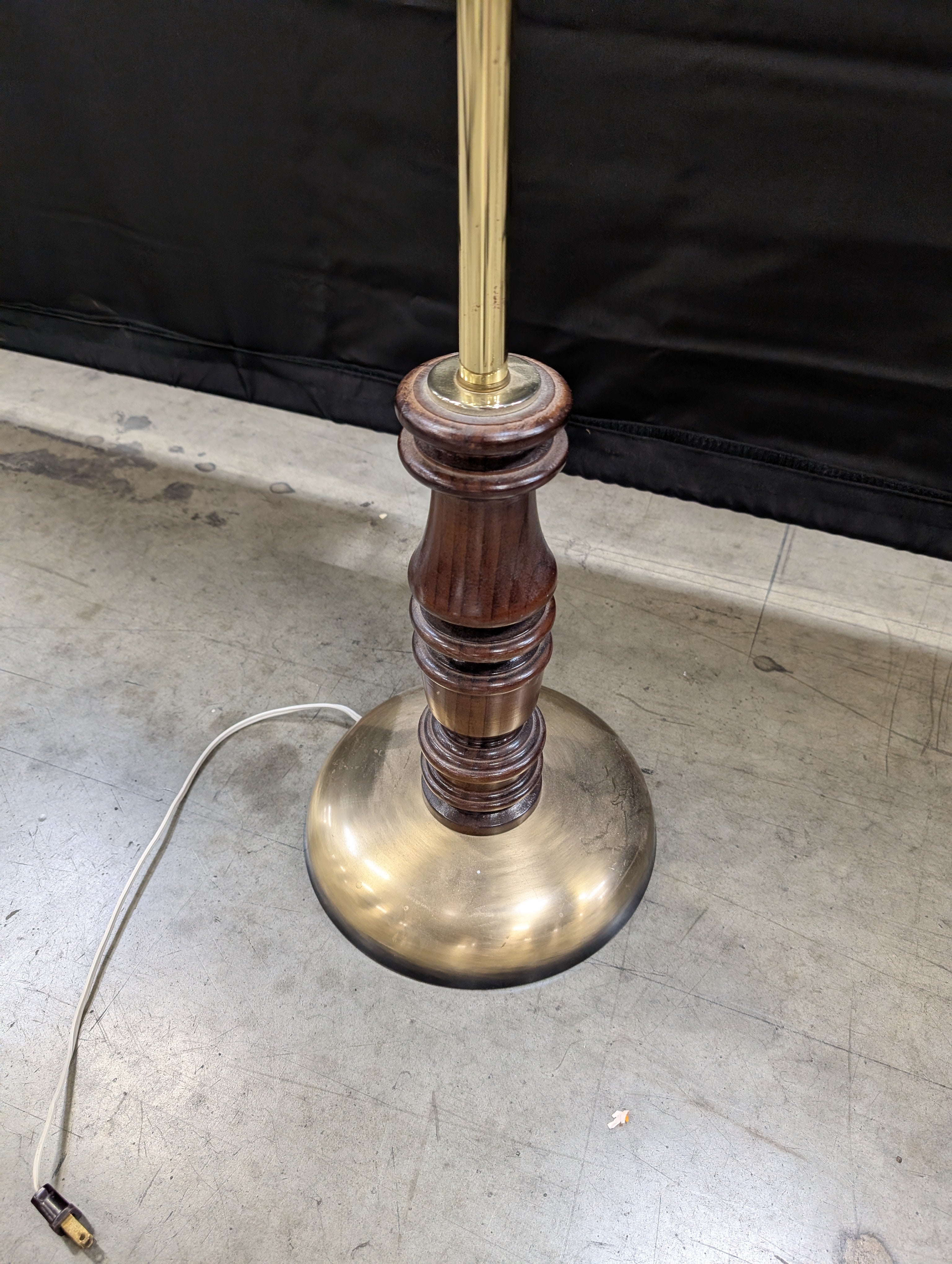 Vintage Style Brass Tone Floor Lamp with Turned Wood Accent