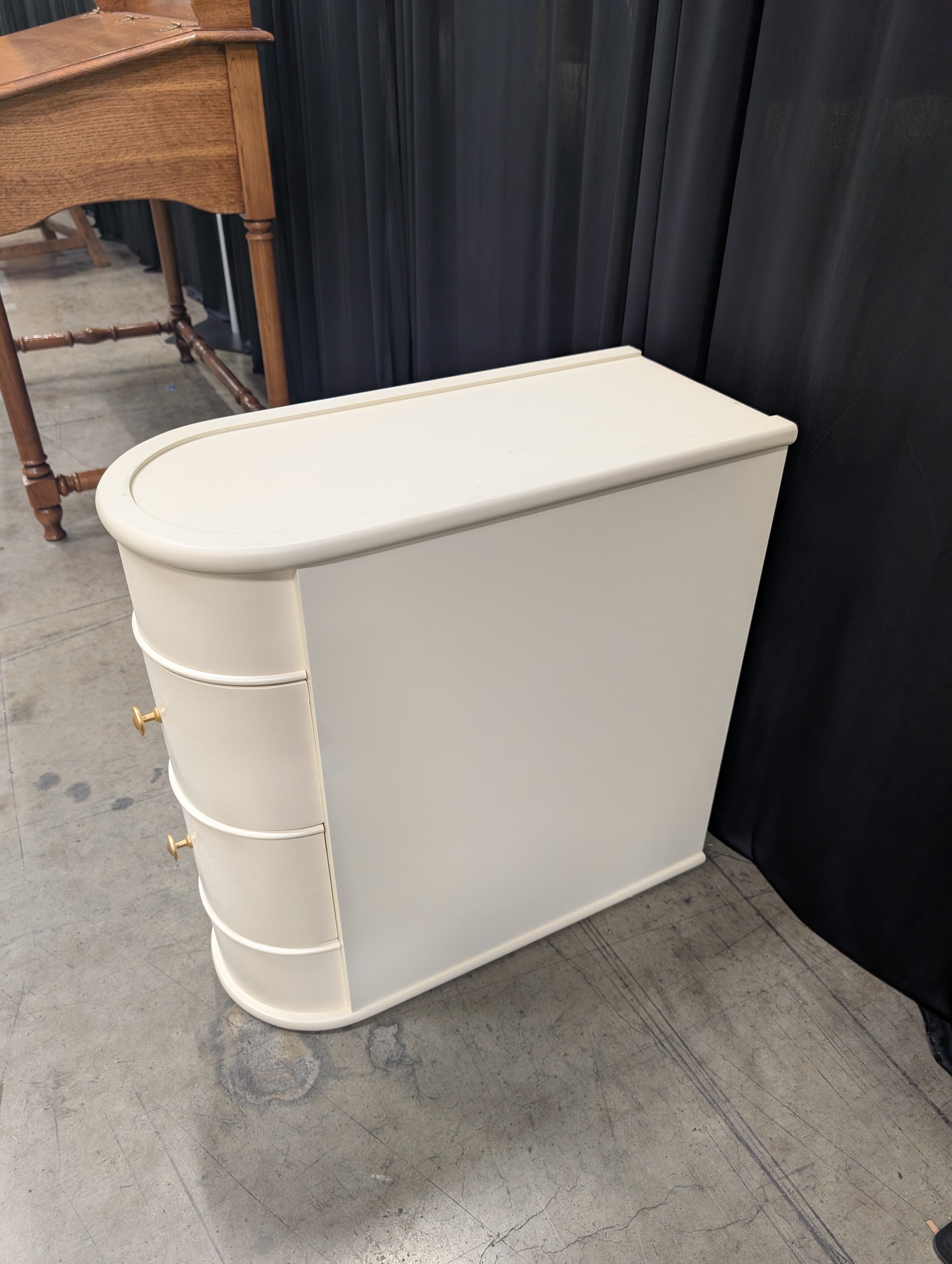 Cream Curved Two-Drawer Nightstand with Gold Knob