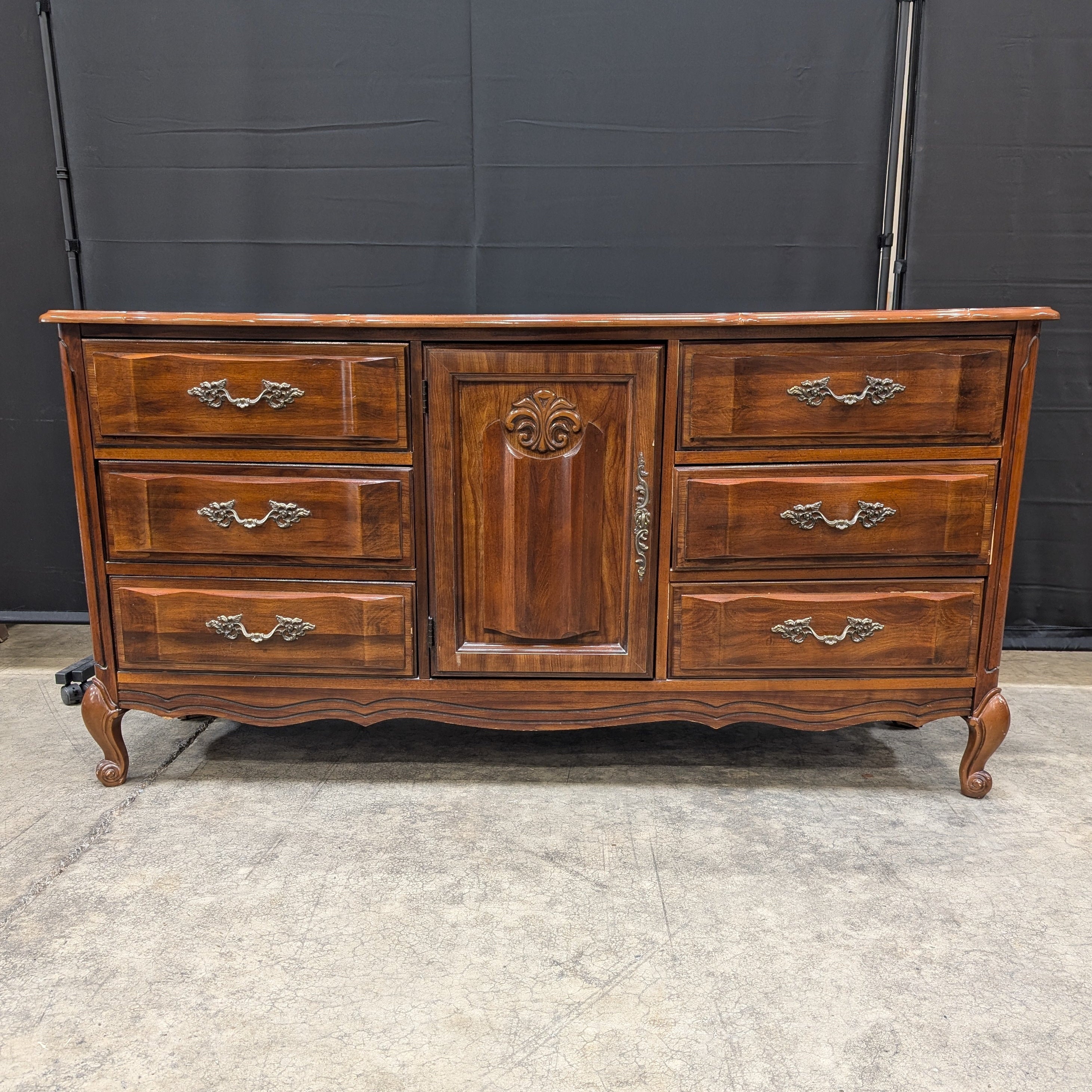 Vintage Rococo Revival Dark Wood Dresser with Ornate Mirror