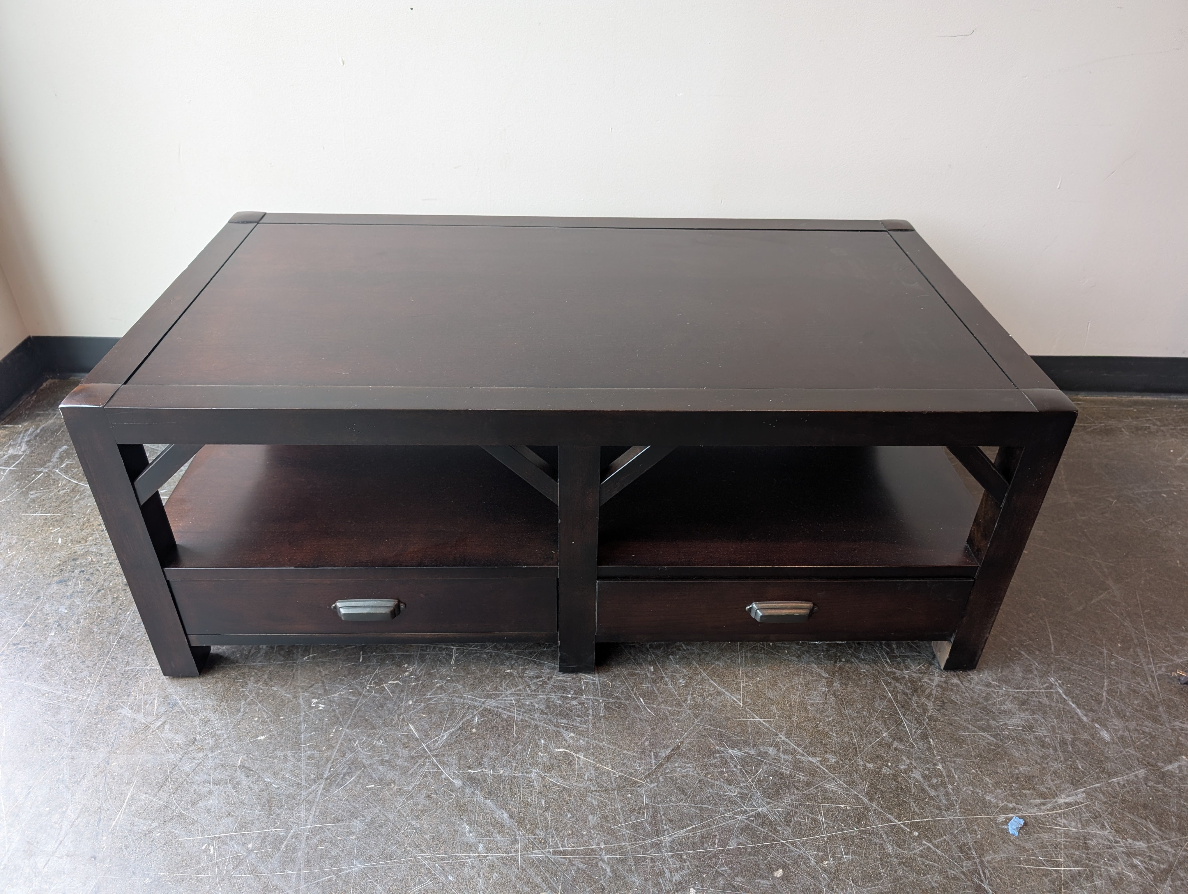 Modern Dark Brown Coffee Table with Storage Drawers and Shelf
