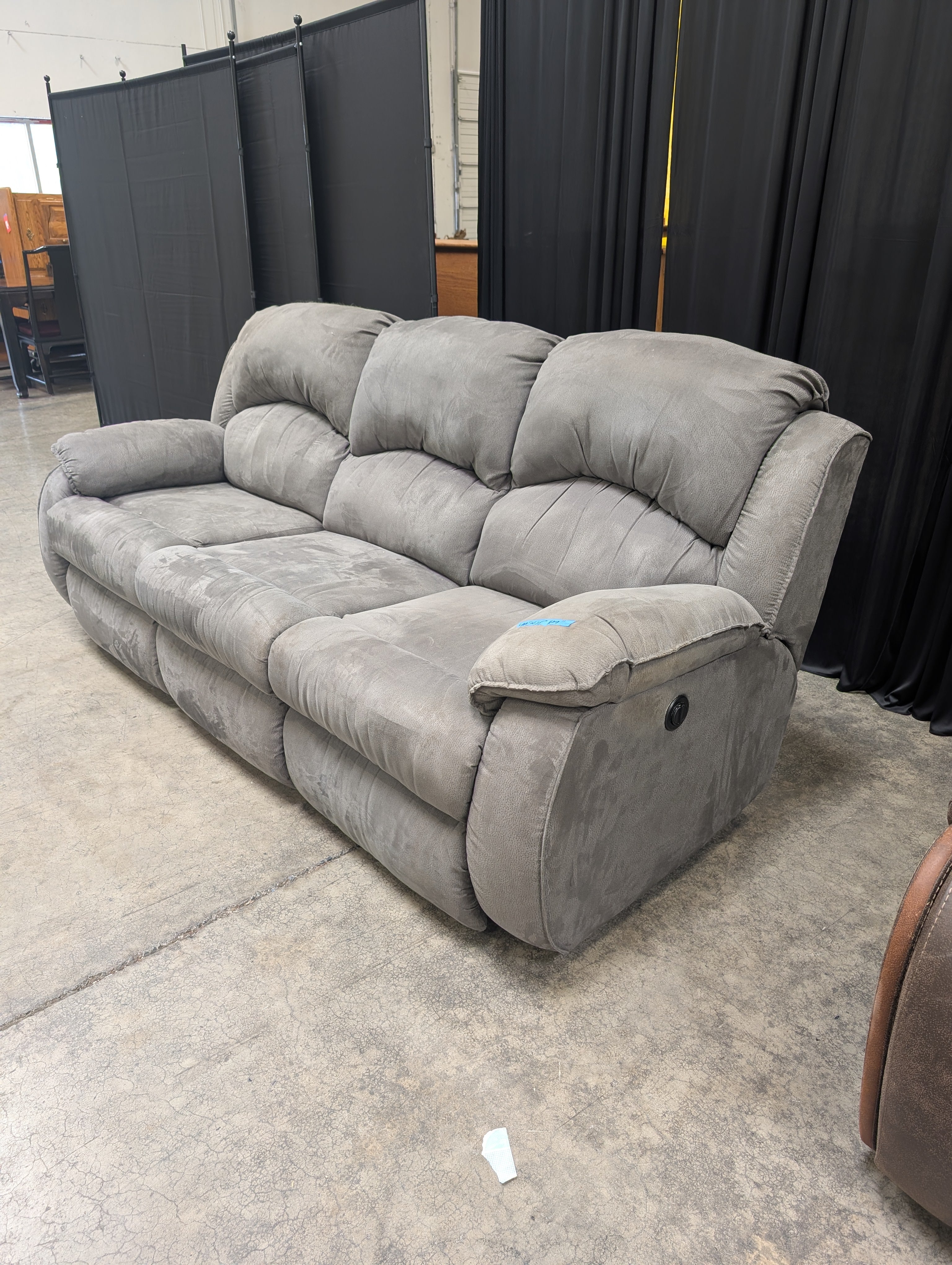 Plush Taupe Fabric Power Reclining Couch with Overstuffed Arms