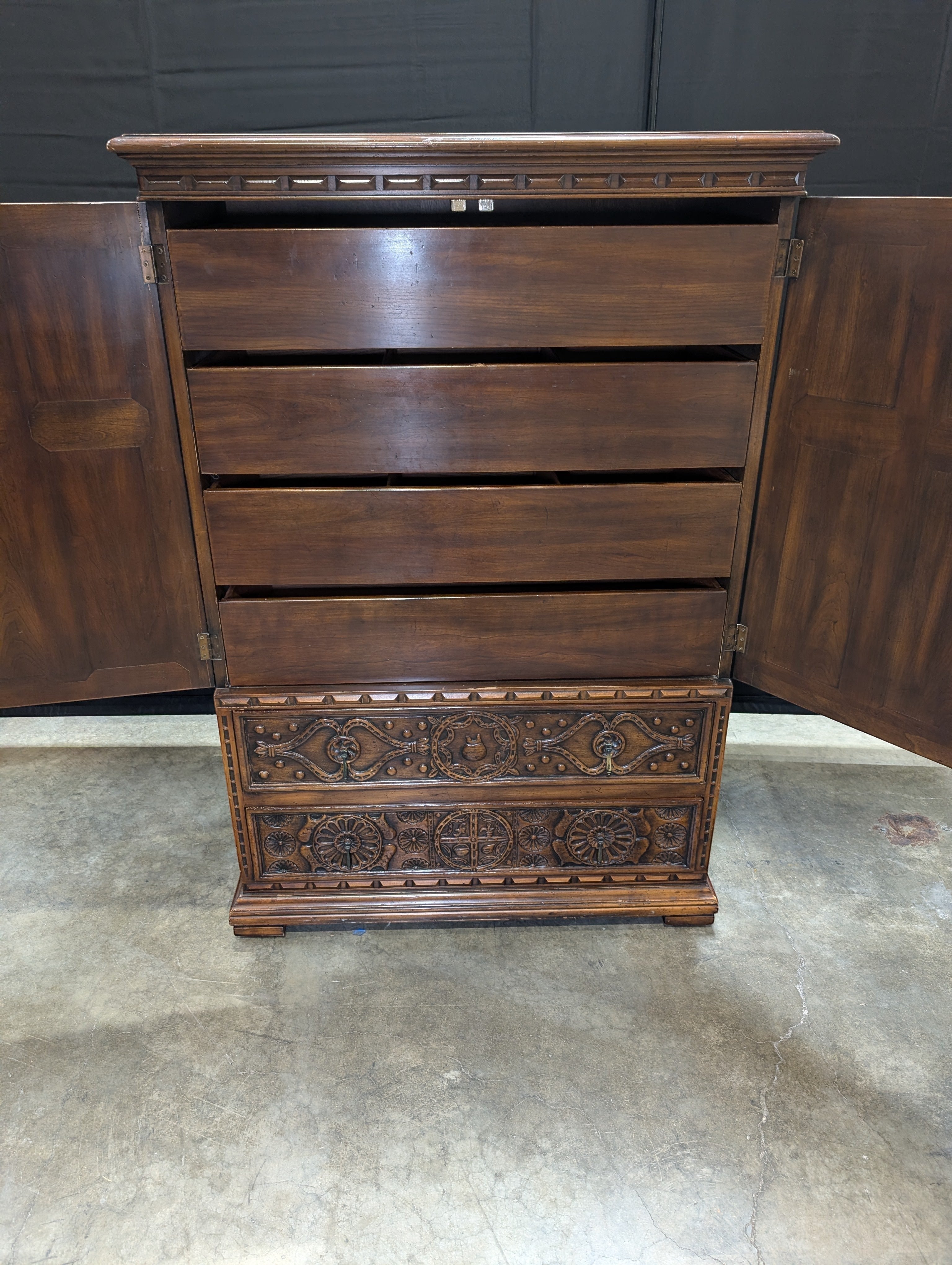 John Widdicomb Hand-Carved Dark Wood Armoire Cabinet