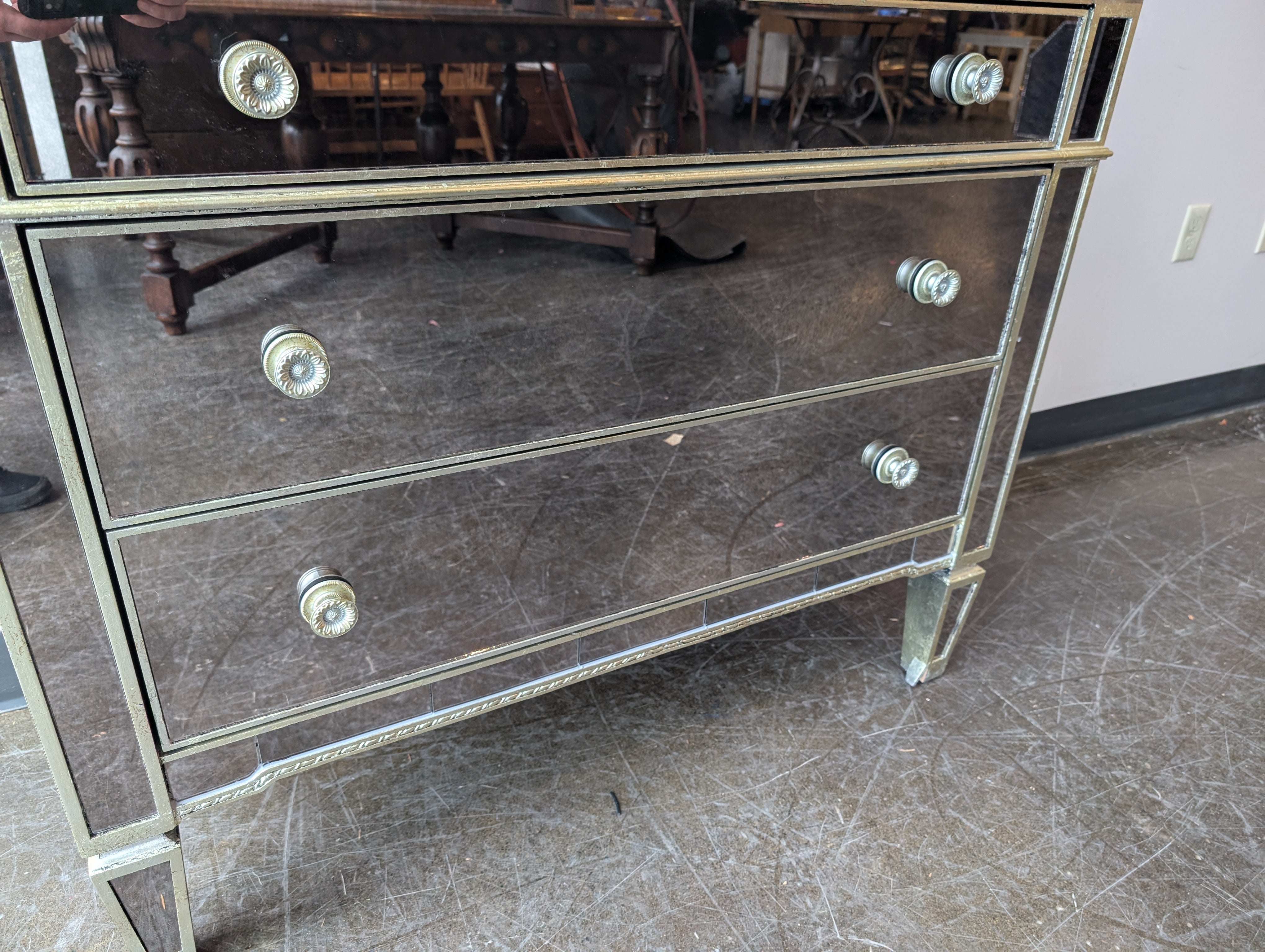 Glamorous Mirrored 3-Drawer Accent Chest with Gold Trim