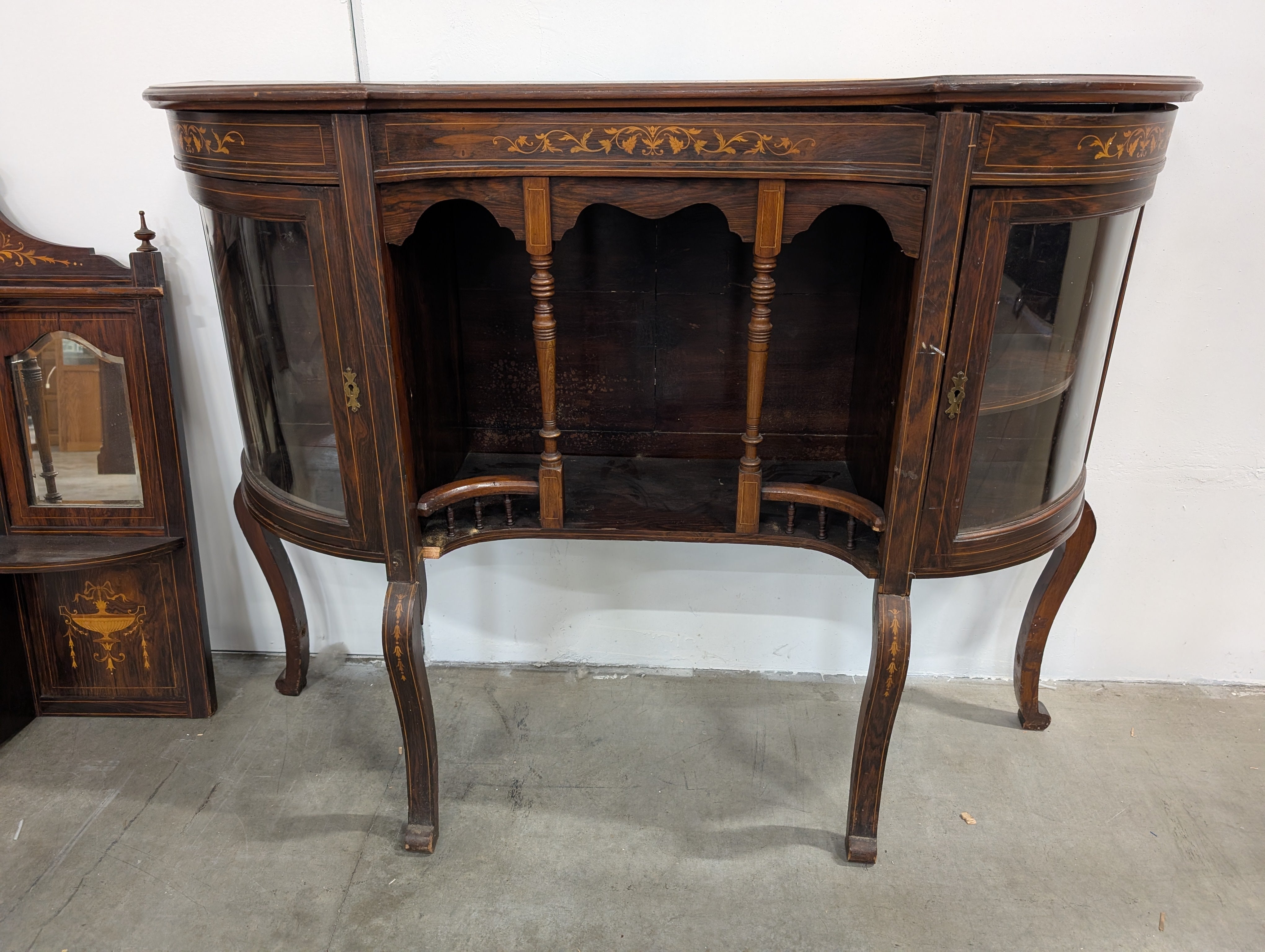 Very poor condition*** Antique Curved Wood Buffet with Intricate Inlay