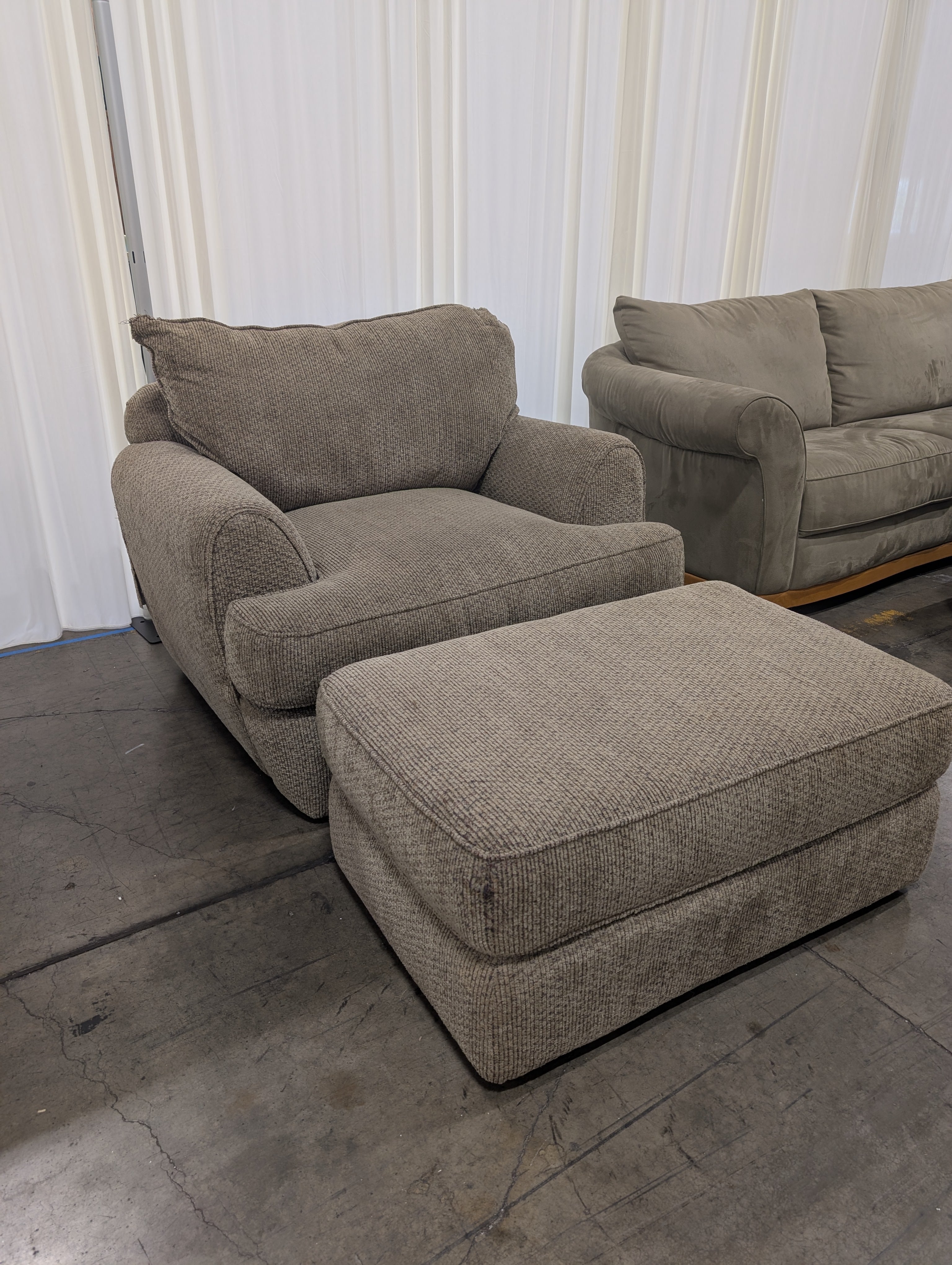 Textured Tan Fabric Armchair and Ottoman Set