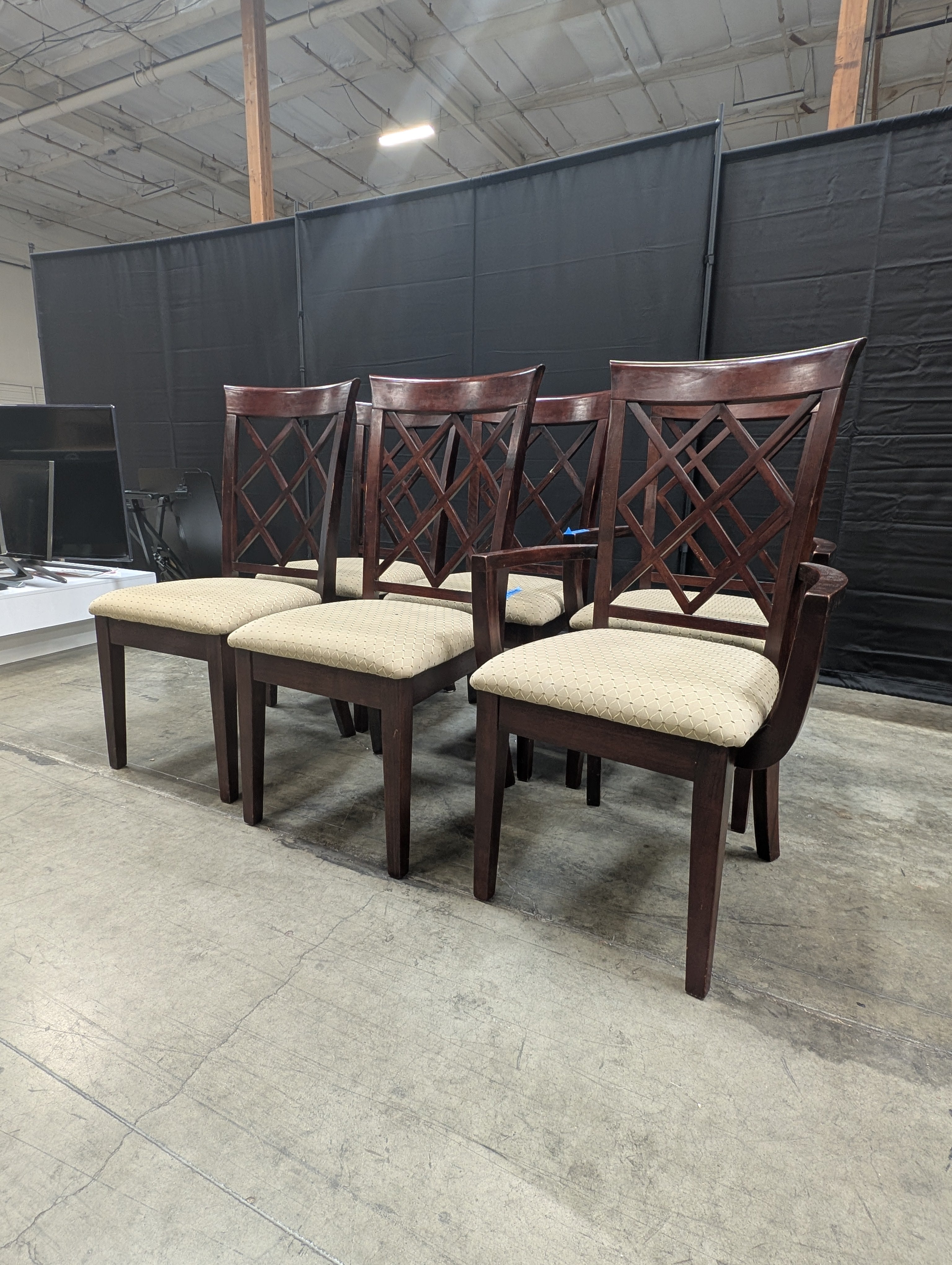 Set of Six Dark Wood Lattice Back Dining Chair