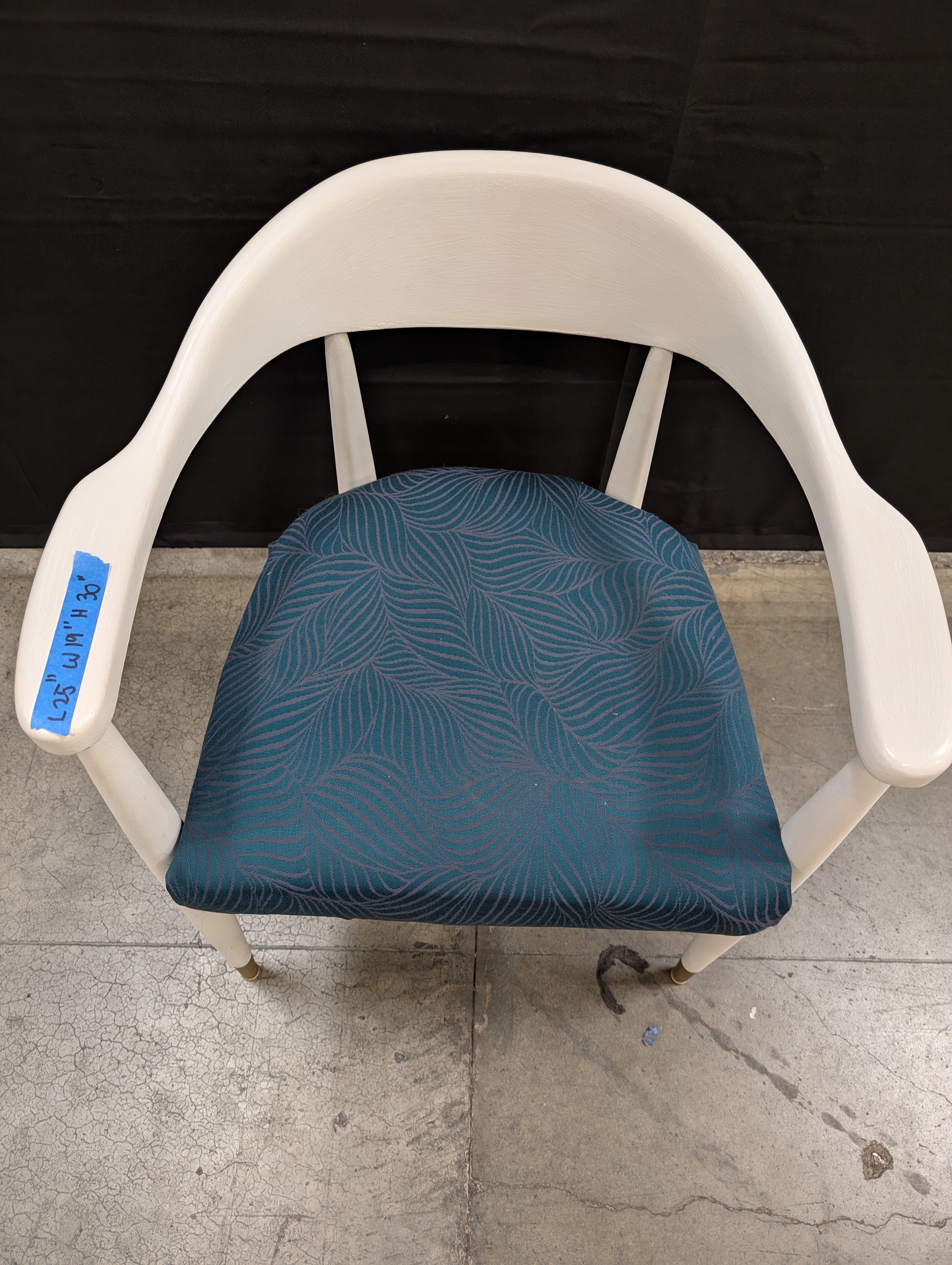 Mid-Century Inspired White Frame Armchair with Teal Patterned Upholstery