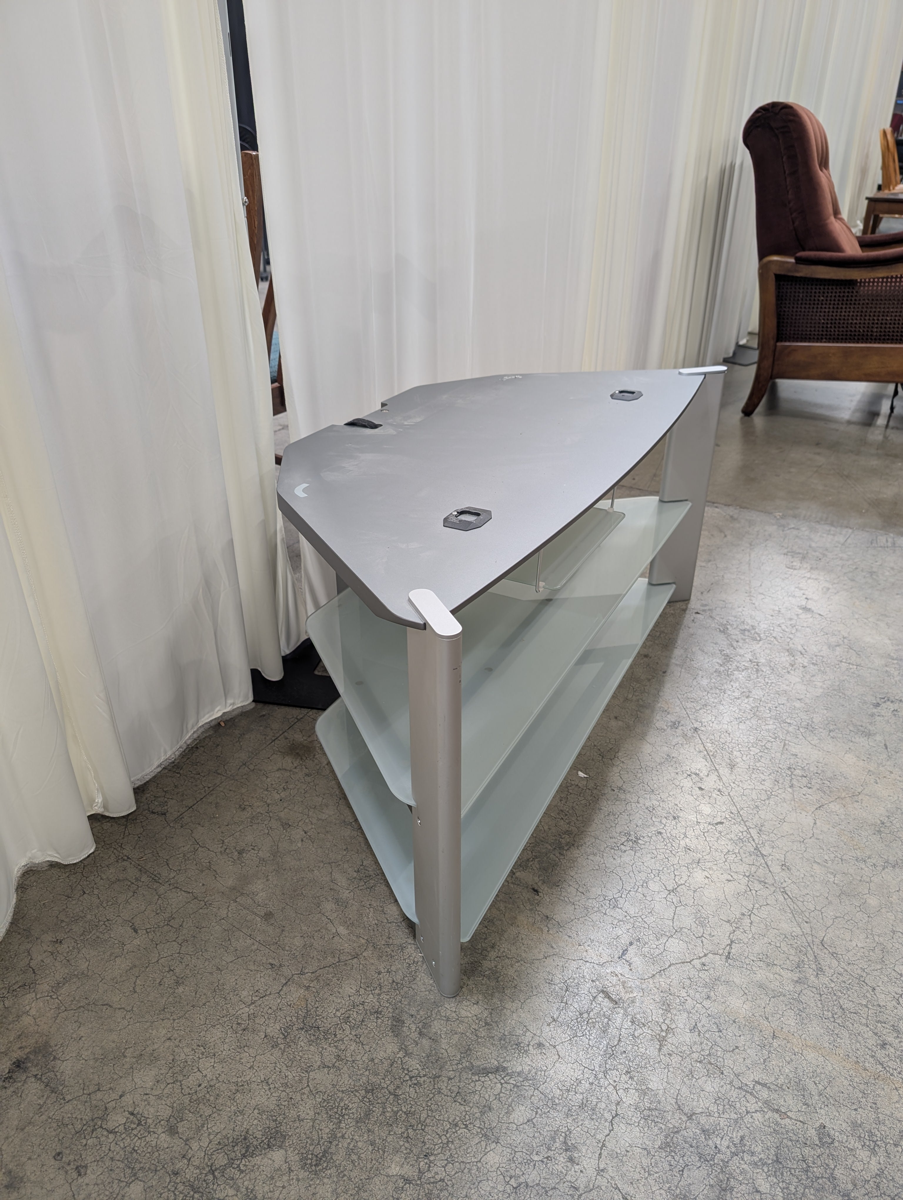 Modern Silver Metal Multi-Tier TV Stand with Frosted Glass Shelves