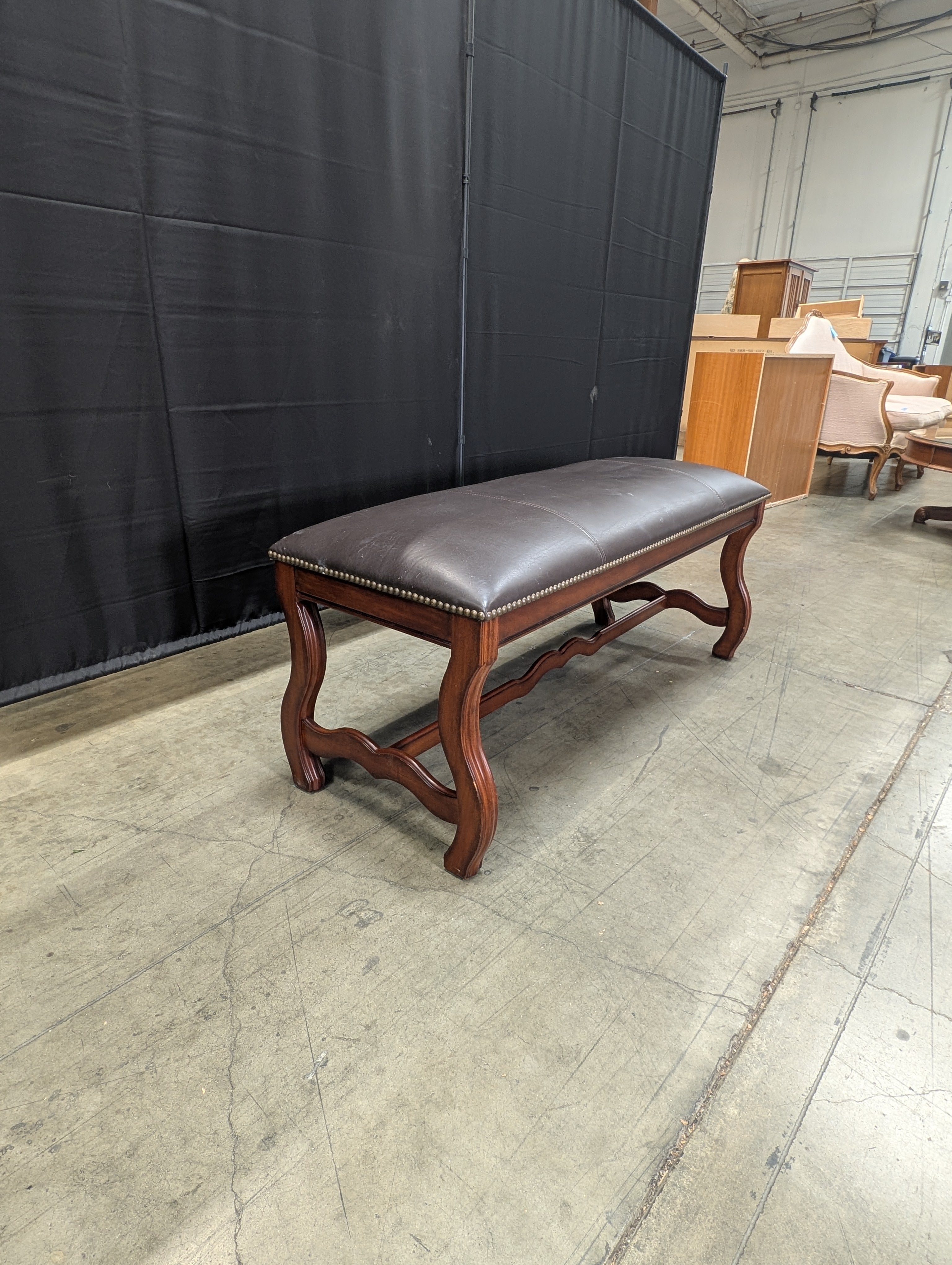 Dark Brown Upholstered Wood Bench with Nailhead Trim