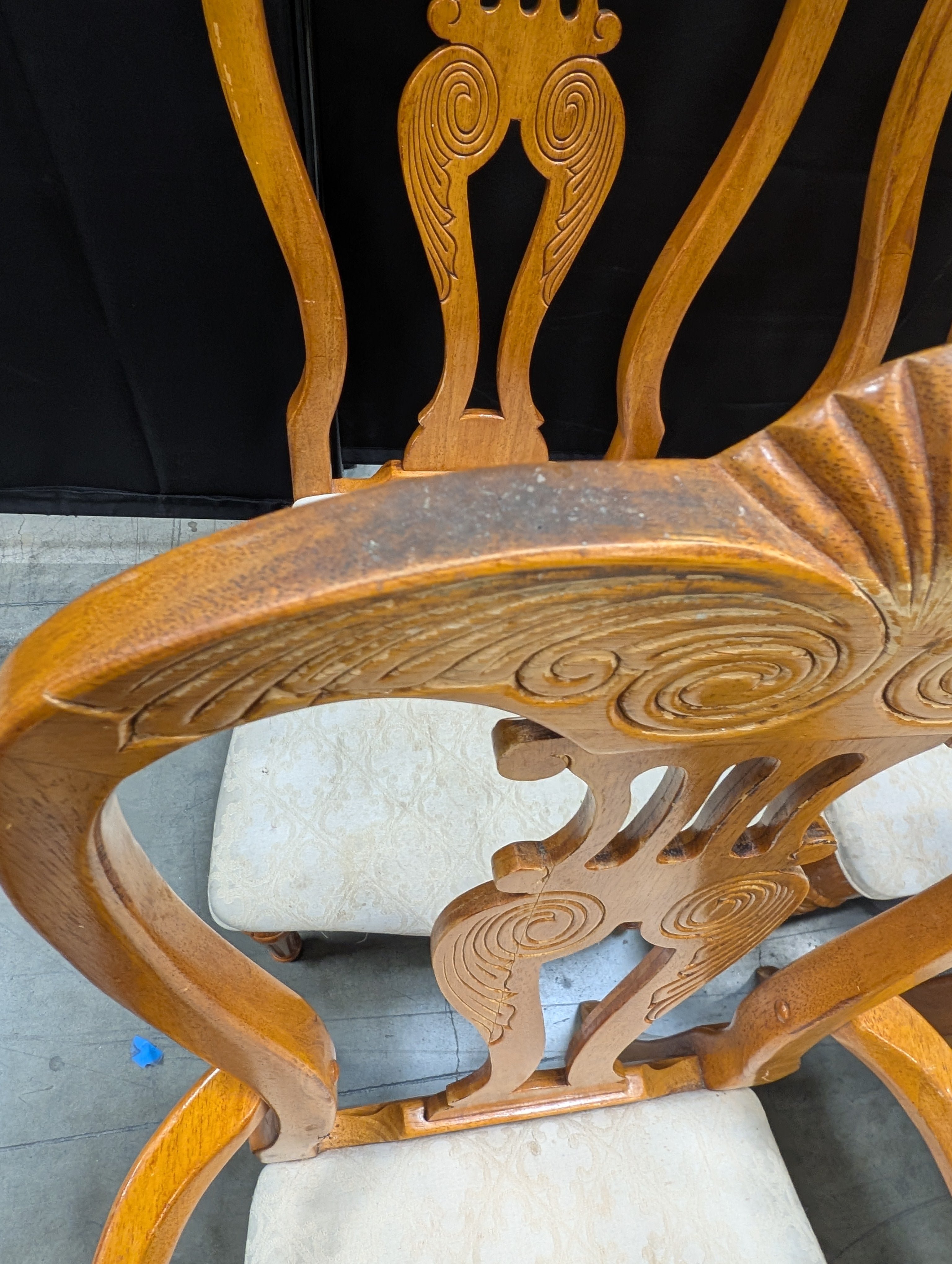 Set of Six Ornate Carved Wood Accent Chair with Upholstered Seat