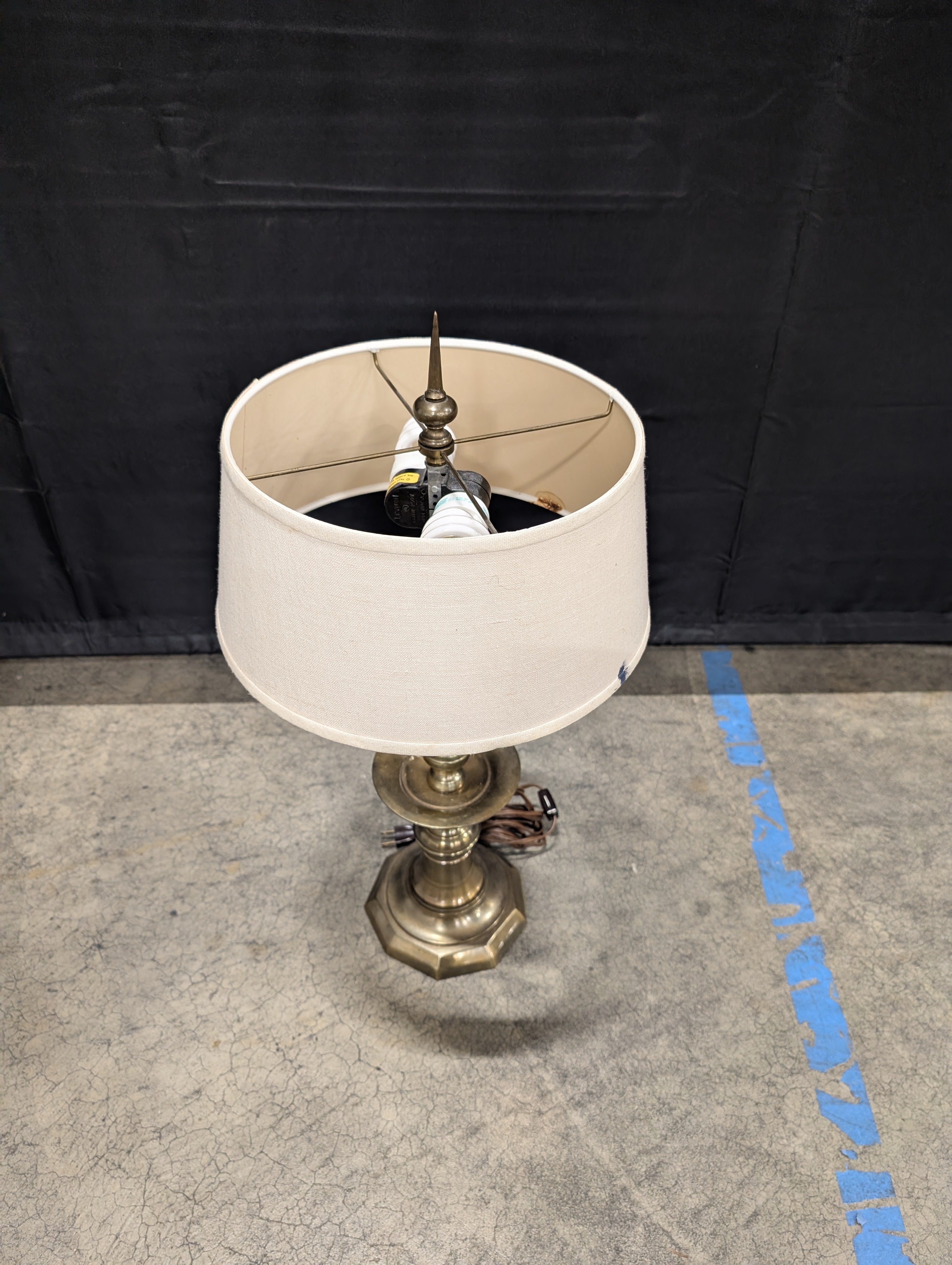 Brass Candlestick Style Table Lamp in Off-White Fabric