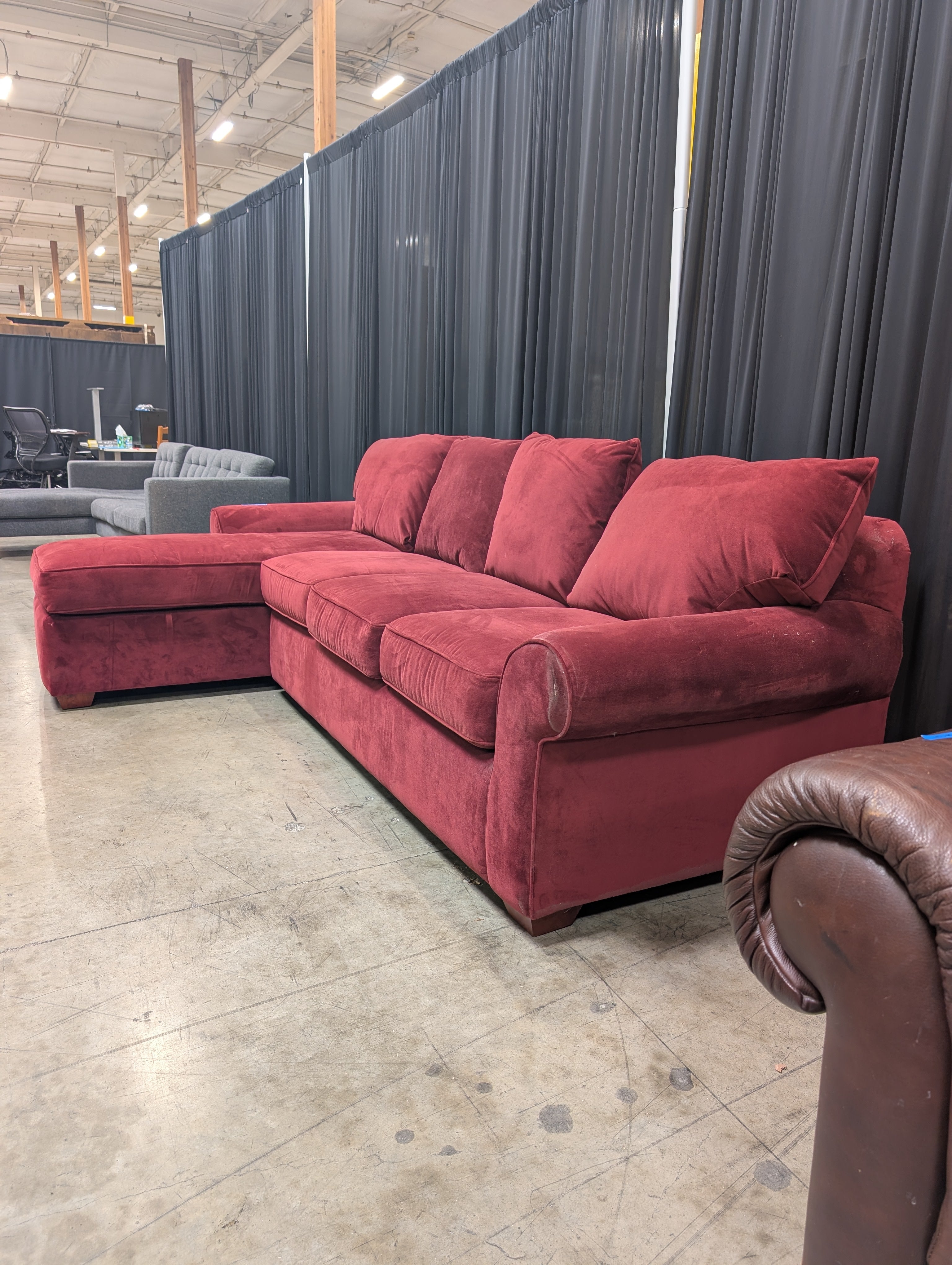 Deep Red L-Shaped Sectional Couch in Velvet