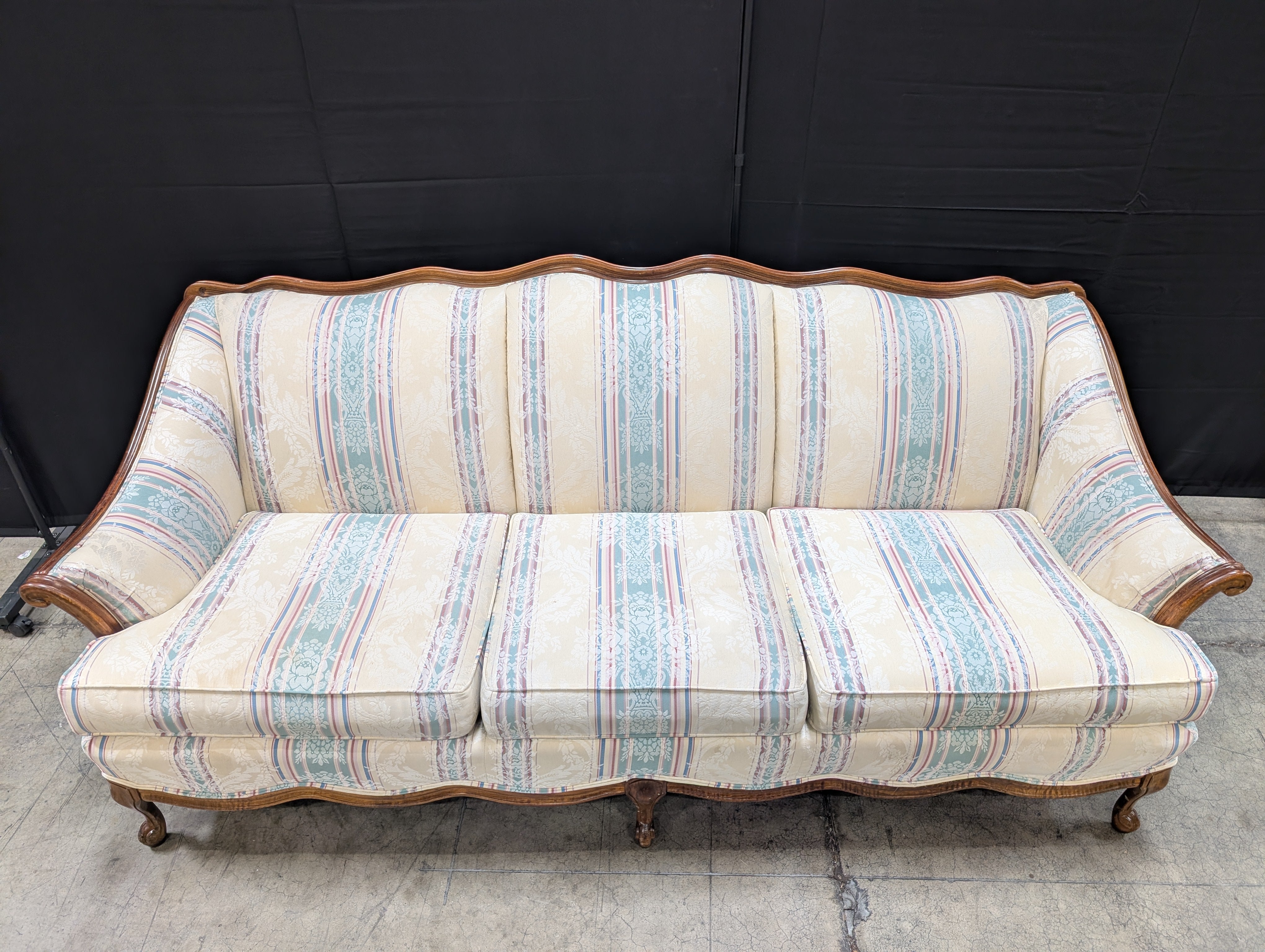 Cochrane Furniture Company Three-Seater Sofa with Carved Wood Frame